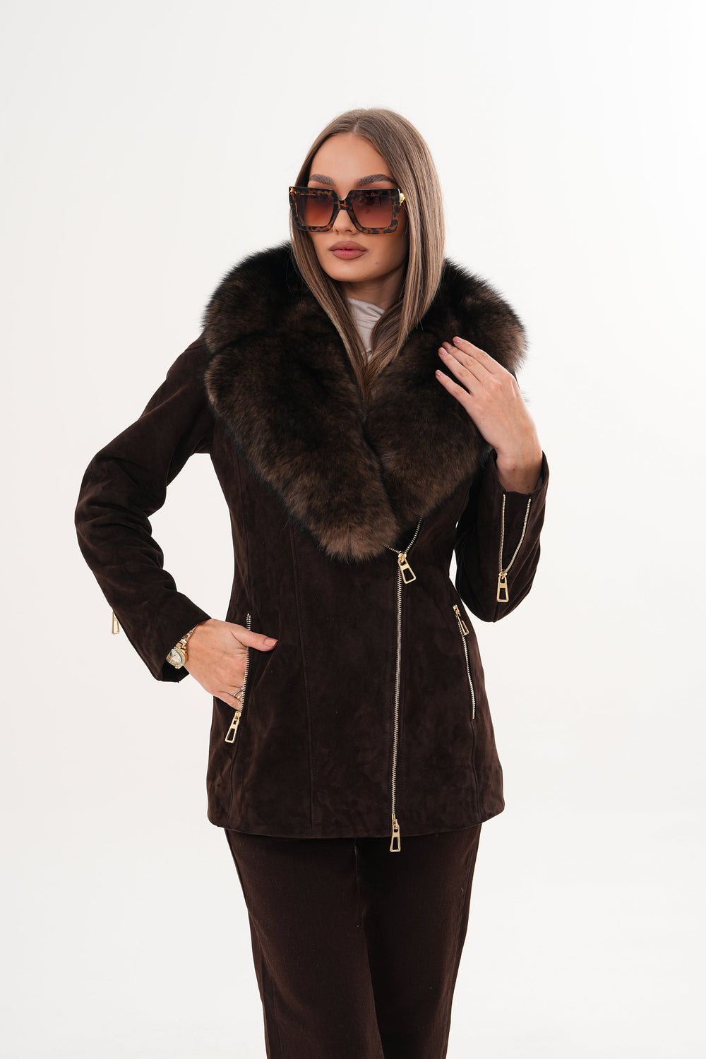 The Alessia Brown Leather Fox Fur Jacket For Sale