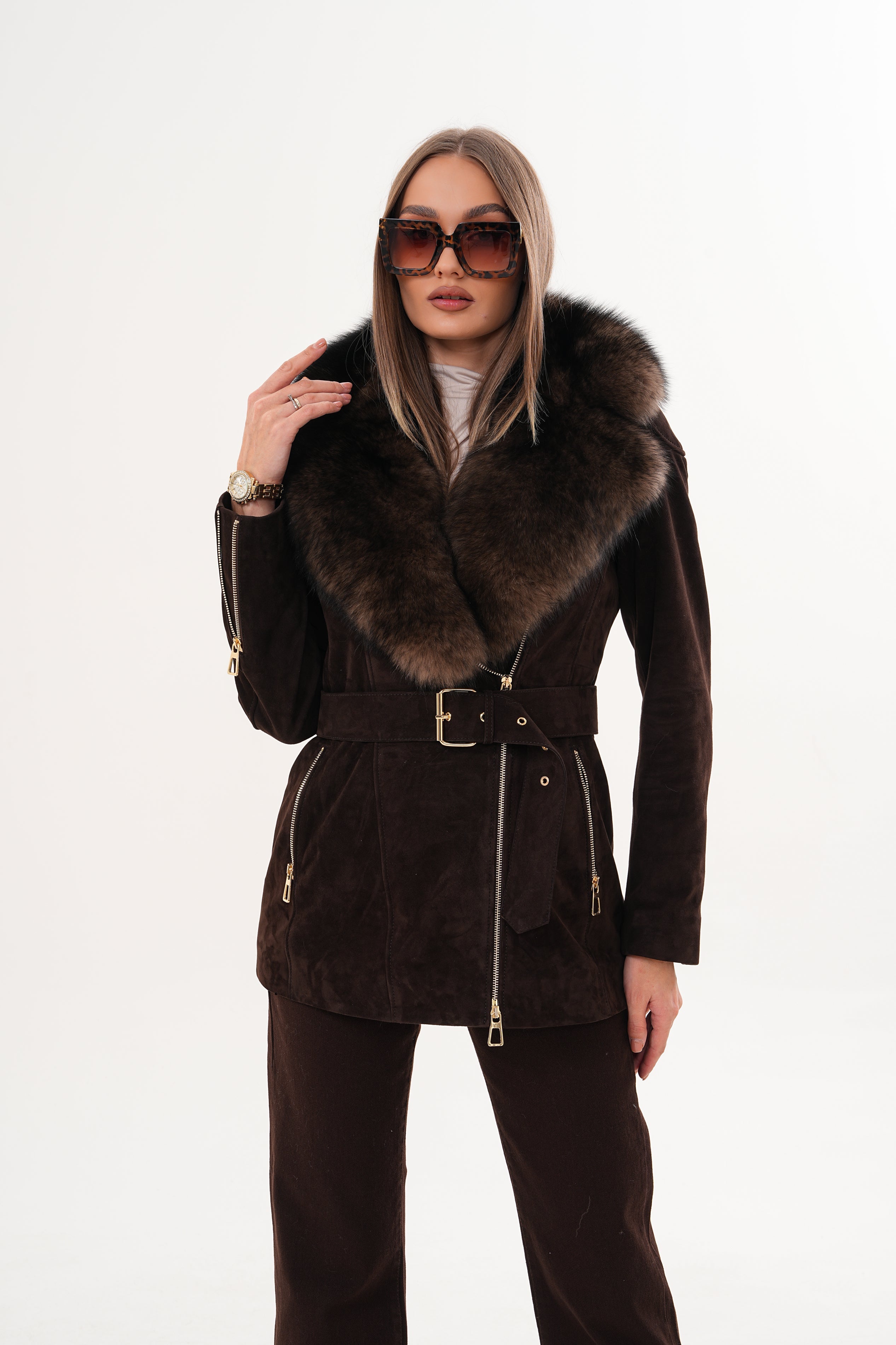The Alessia Brown Leather Fox Fur Jacket For Sale