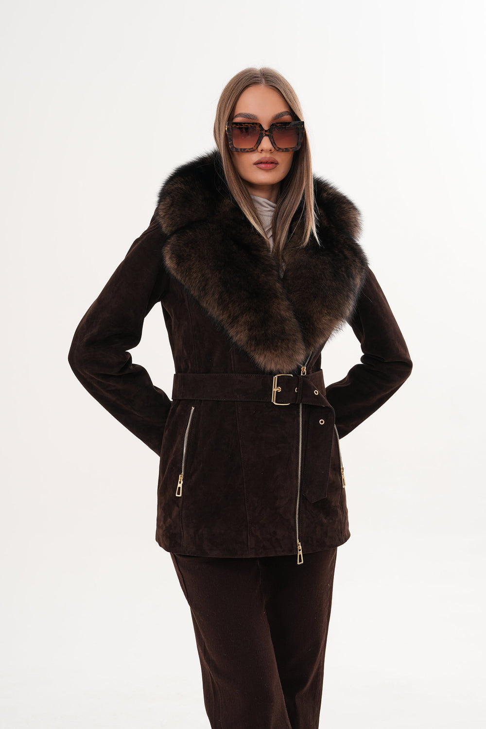 The Alessia Brown Leather Fox Fur Jacket For Sale