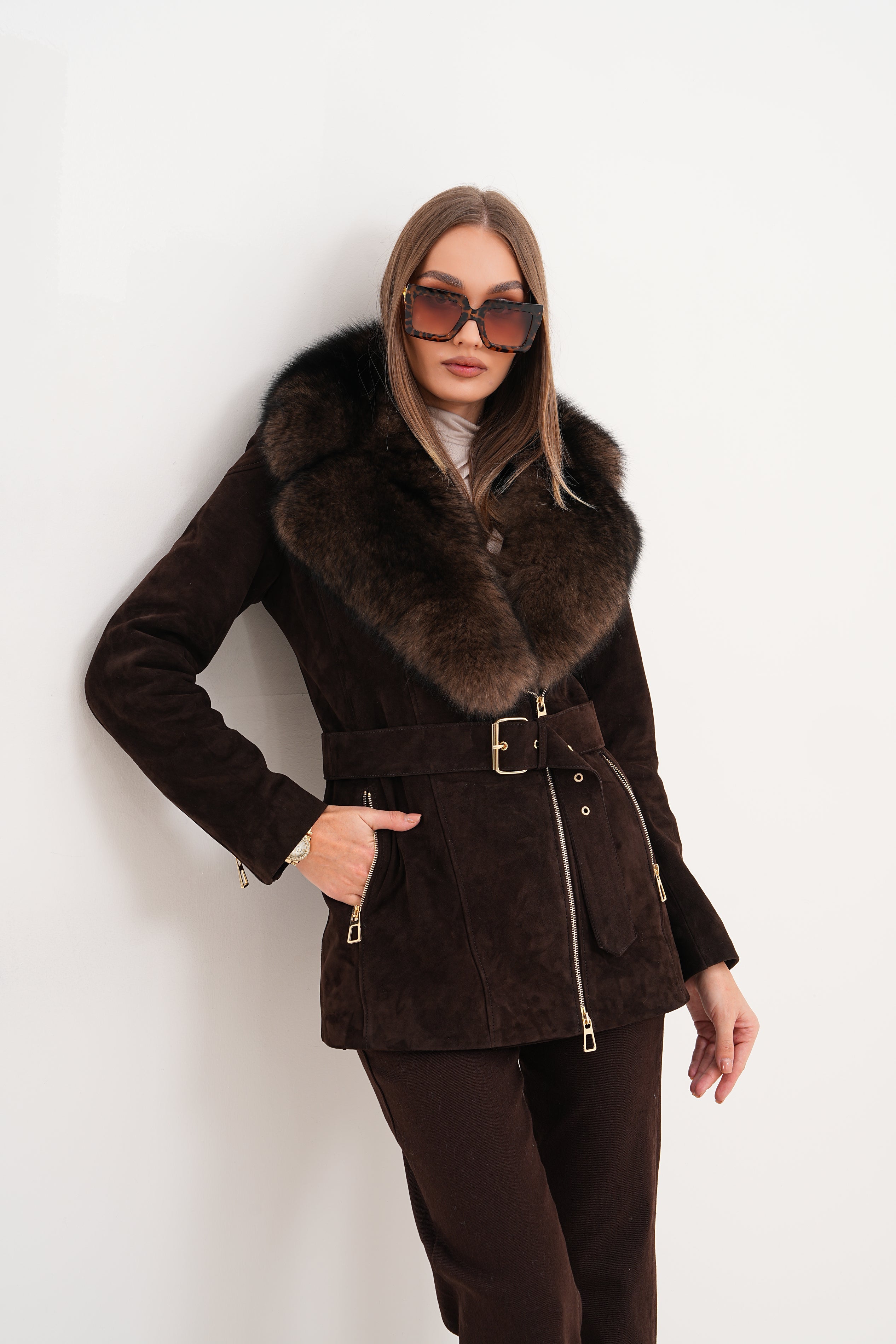 The Alessia Brown Leather Fox Fur Jacket For Sale