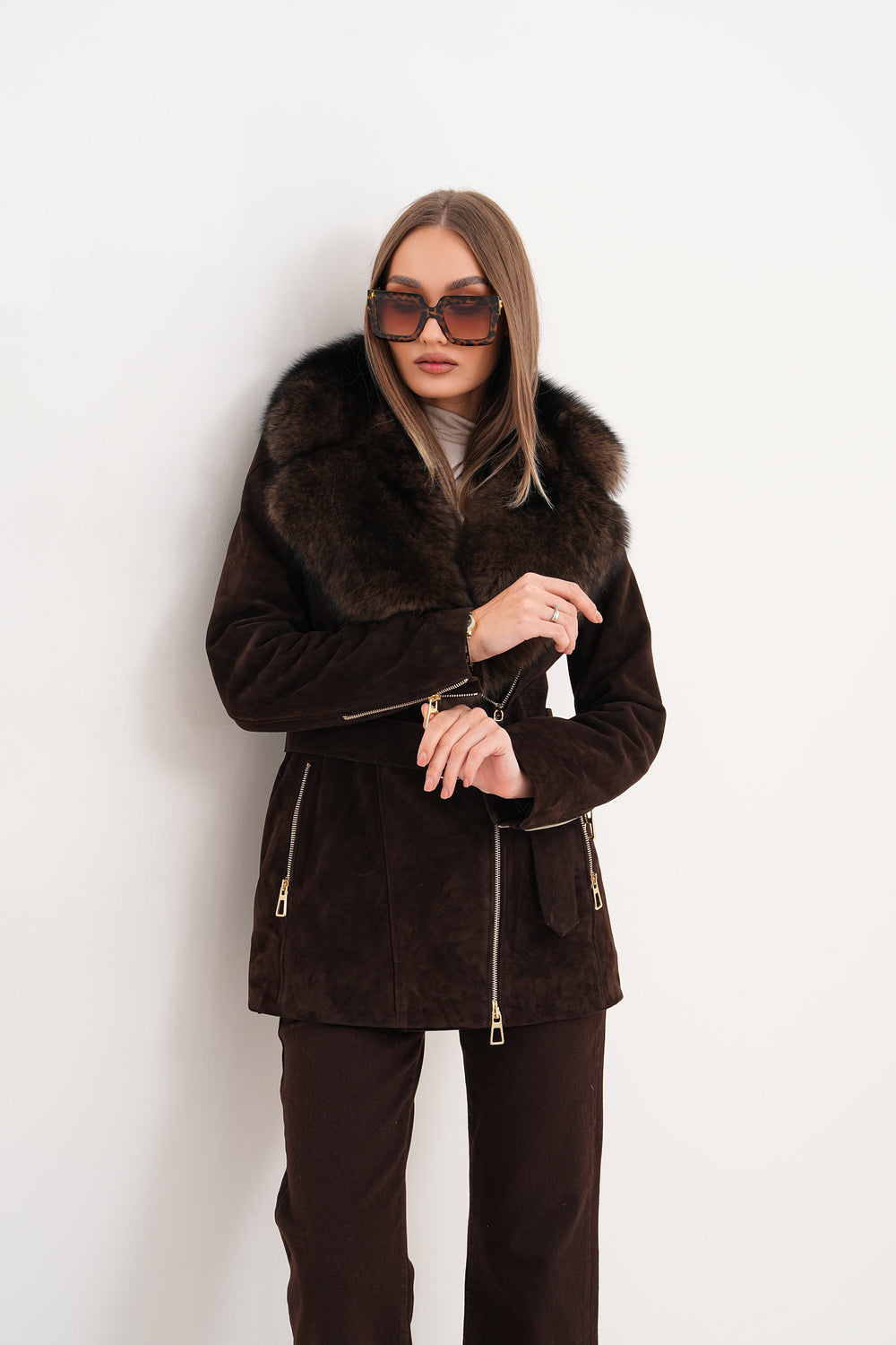 The Alessia Brown Leather Fox Fur Jacket For Sale