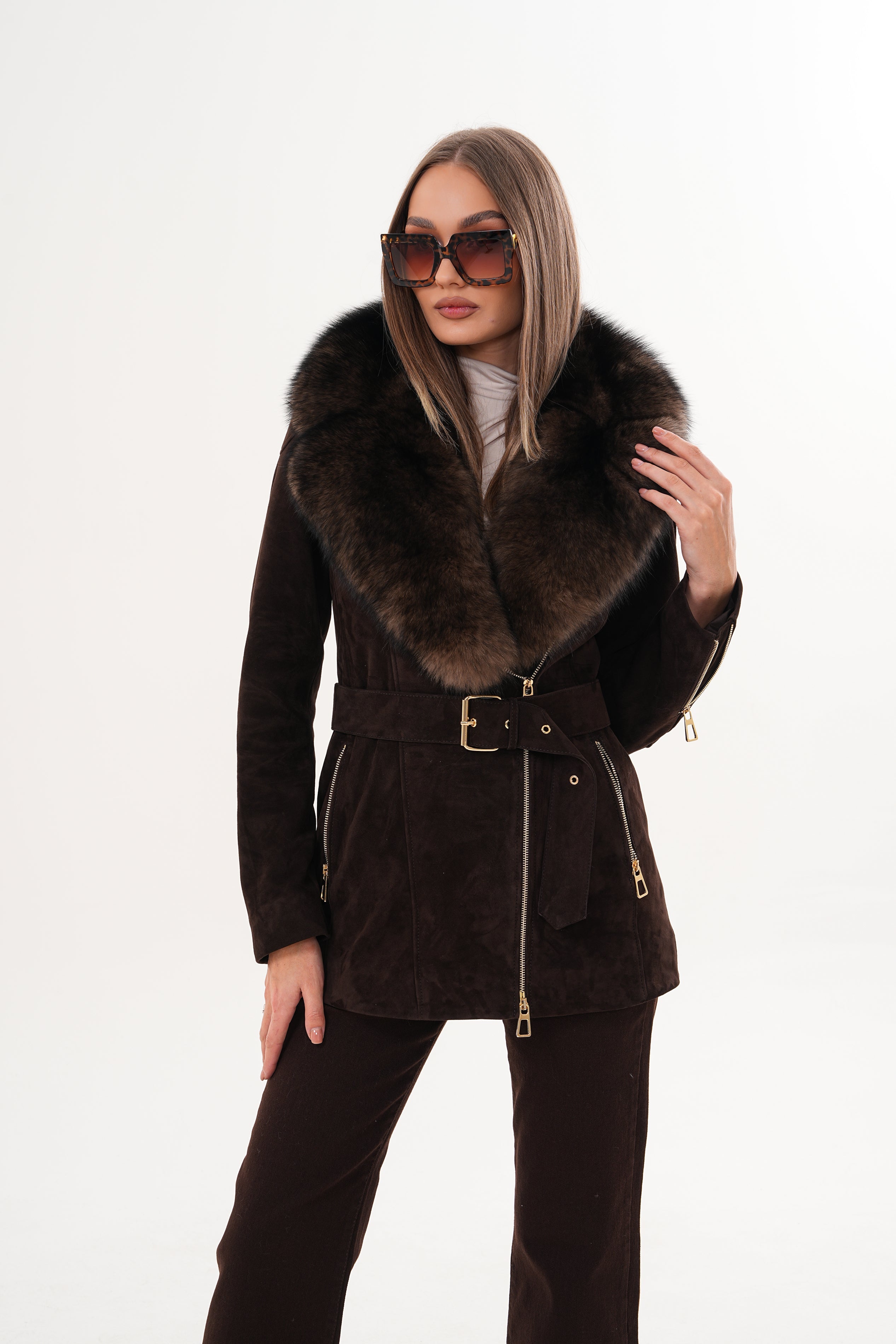 The Alessia Brown Leather Fox Fur Jacket For Sale