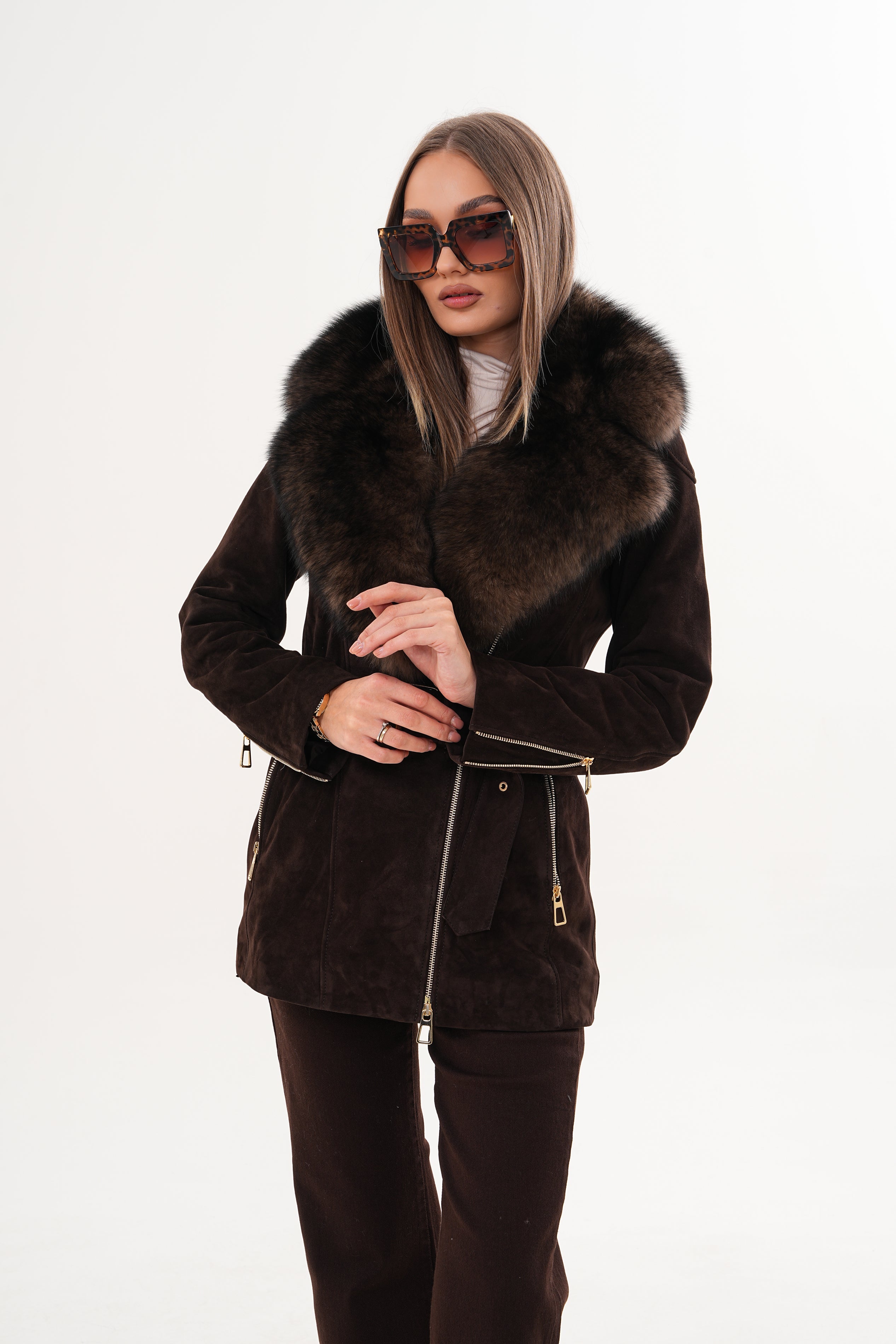 The Alessia Brown Leather Fox Fur Jacket For Sale