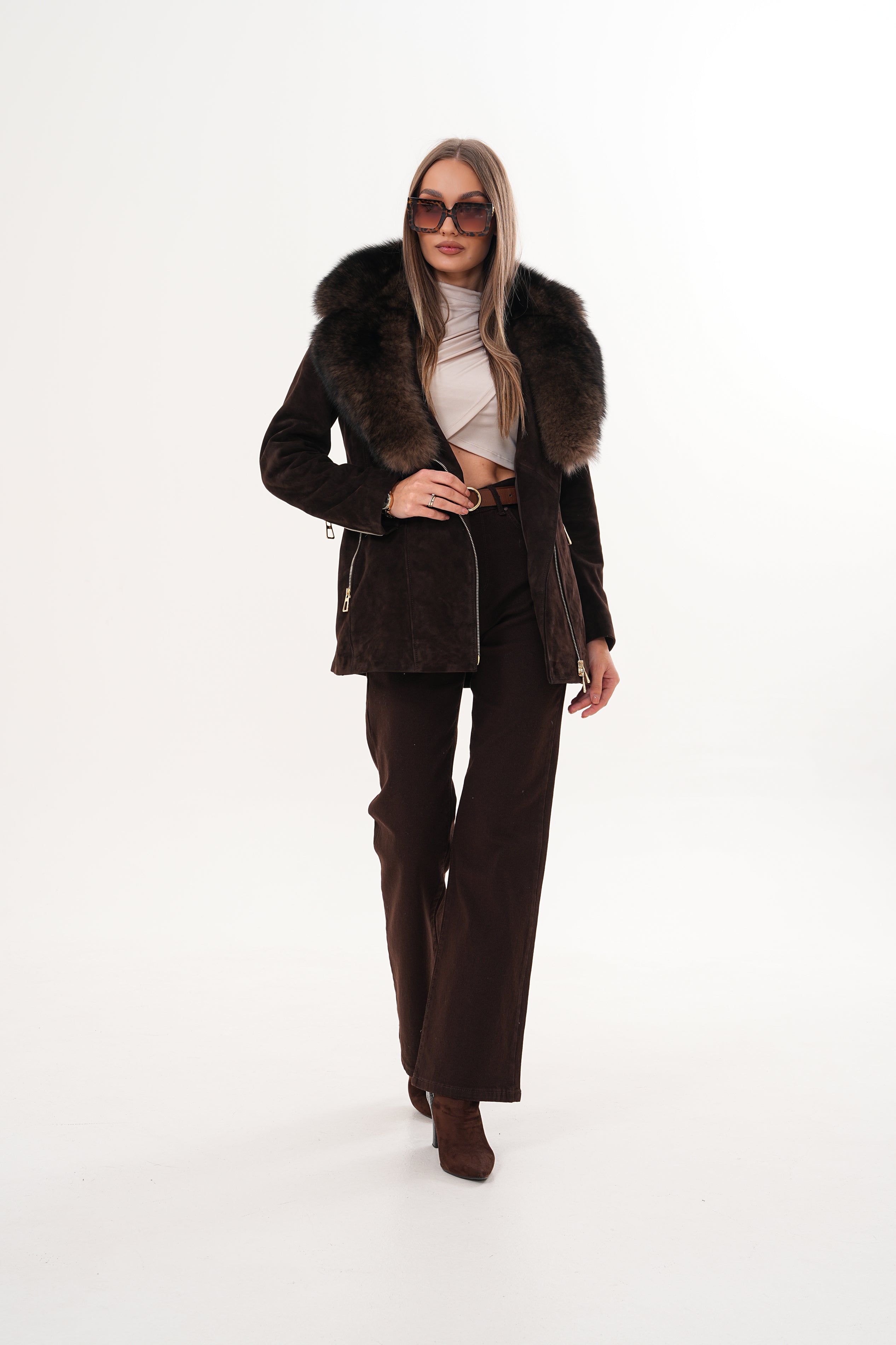 The Alessia Brown Leather Fox Fur Jacket For Sale