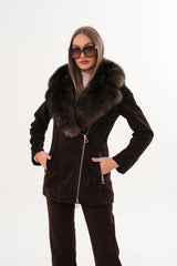 The Alessia Brown Leather Fox Fur Jacket For Sale