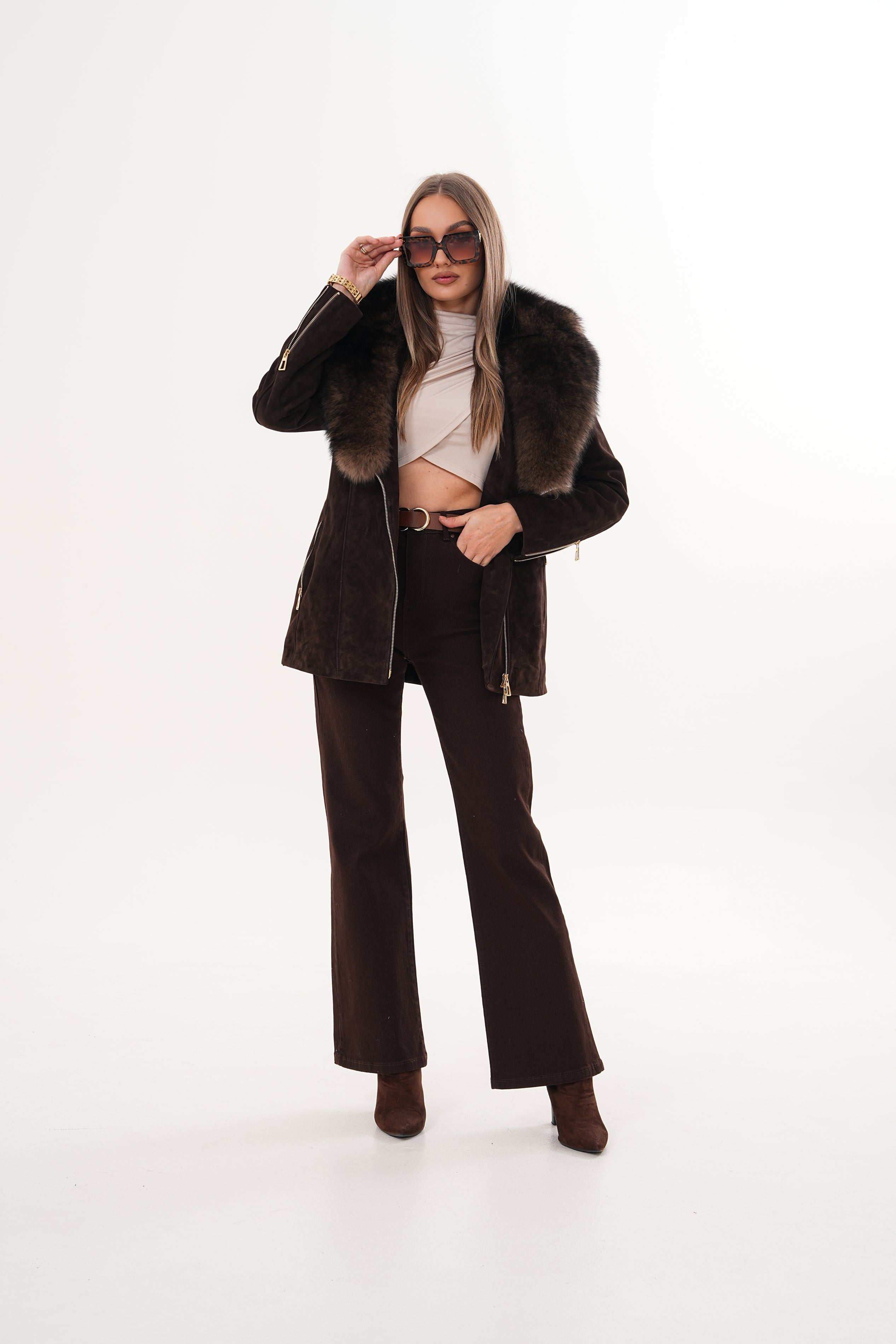 The Alessia Brown Leather Fox Fur Jacket For Sale