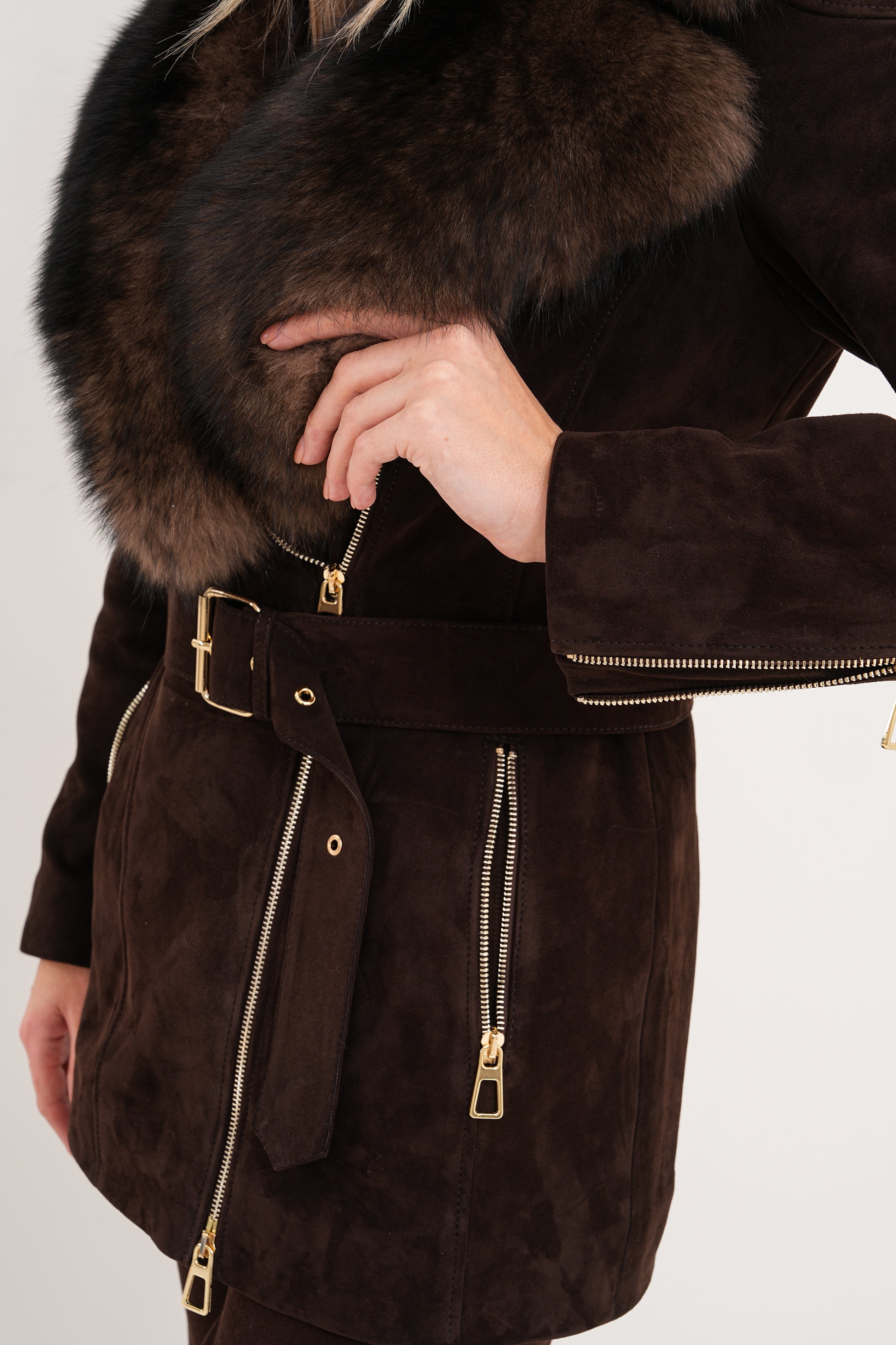The Alessia Brown Leather Fox Fur Jacket For Sale