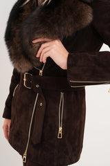 The Alessia Brown Leather Fox Fur Jacket For Sale