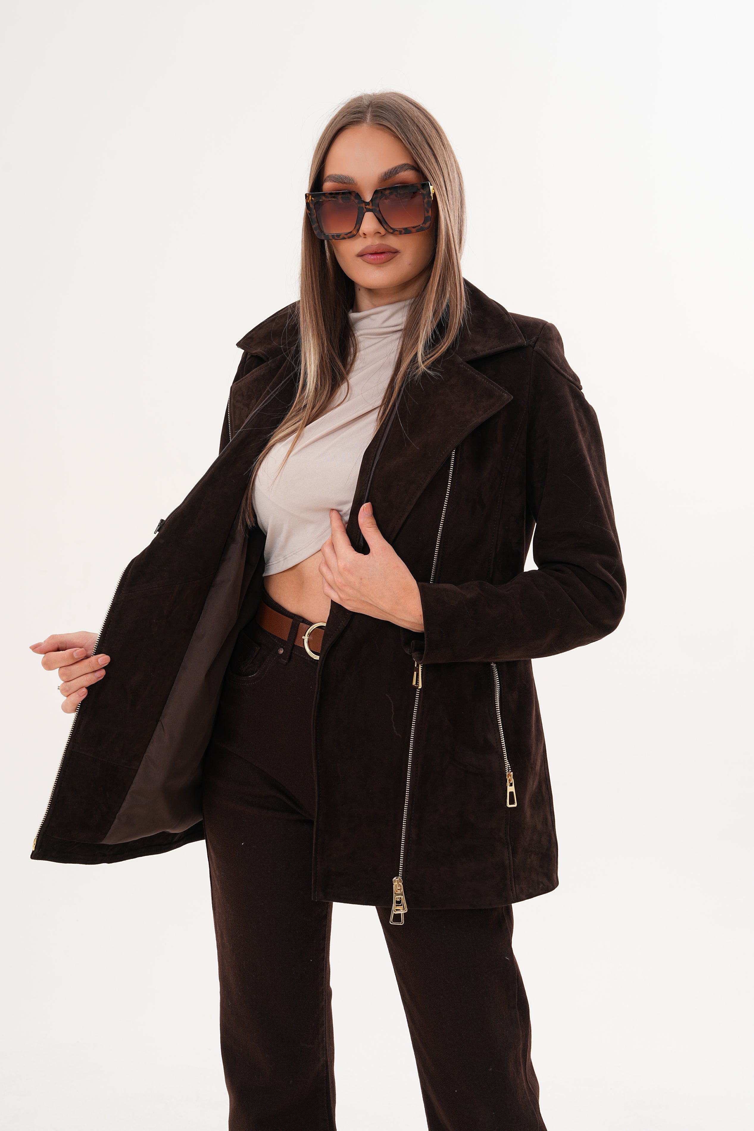 The Alessia Brown Leather Fox Fur Jacket For Sale