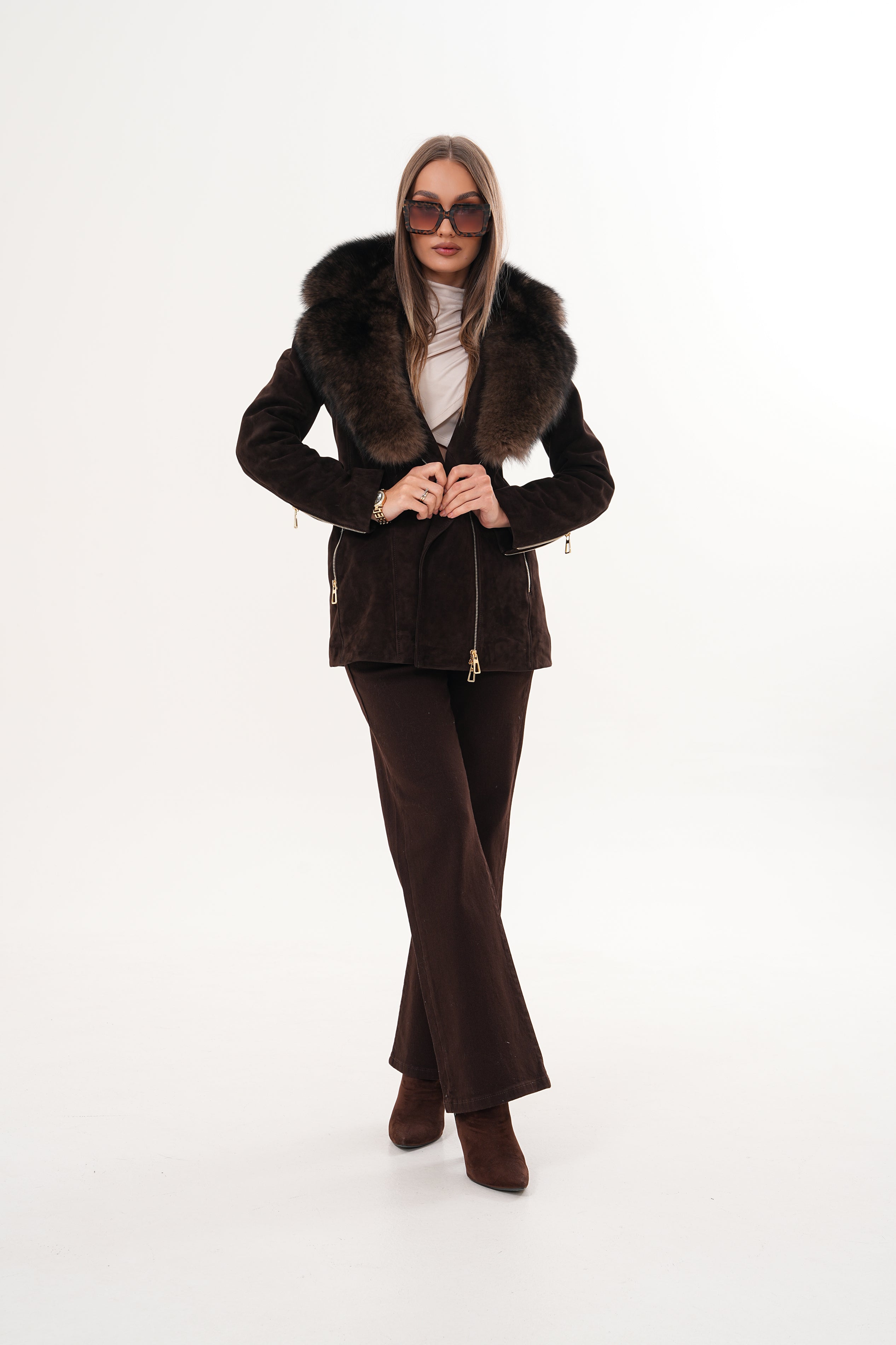 The Alessia Brown Leather Fox Fur Jacket For Sale