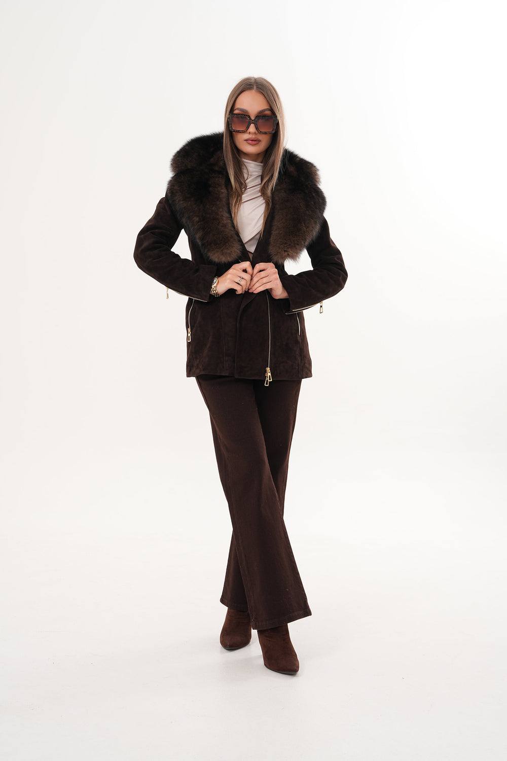 The Alessia Brown Leather Fox Fur Jacket For Sale