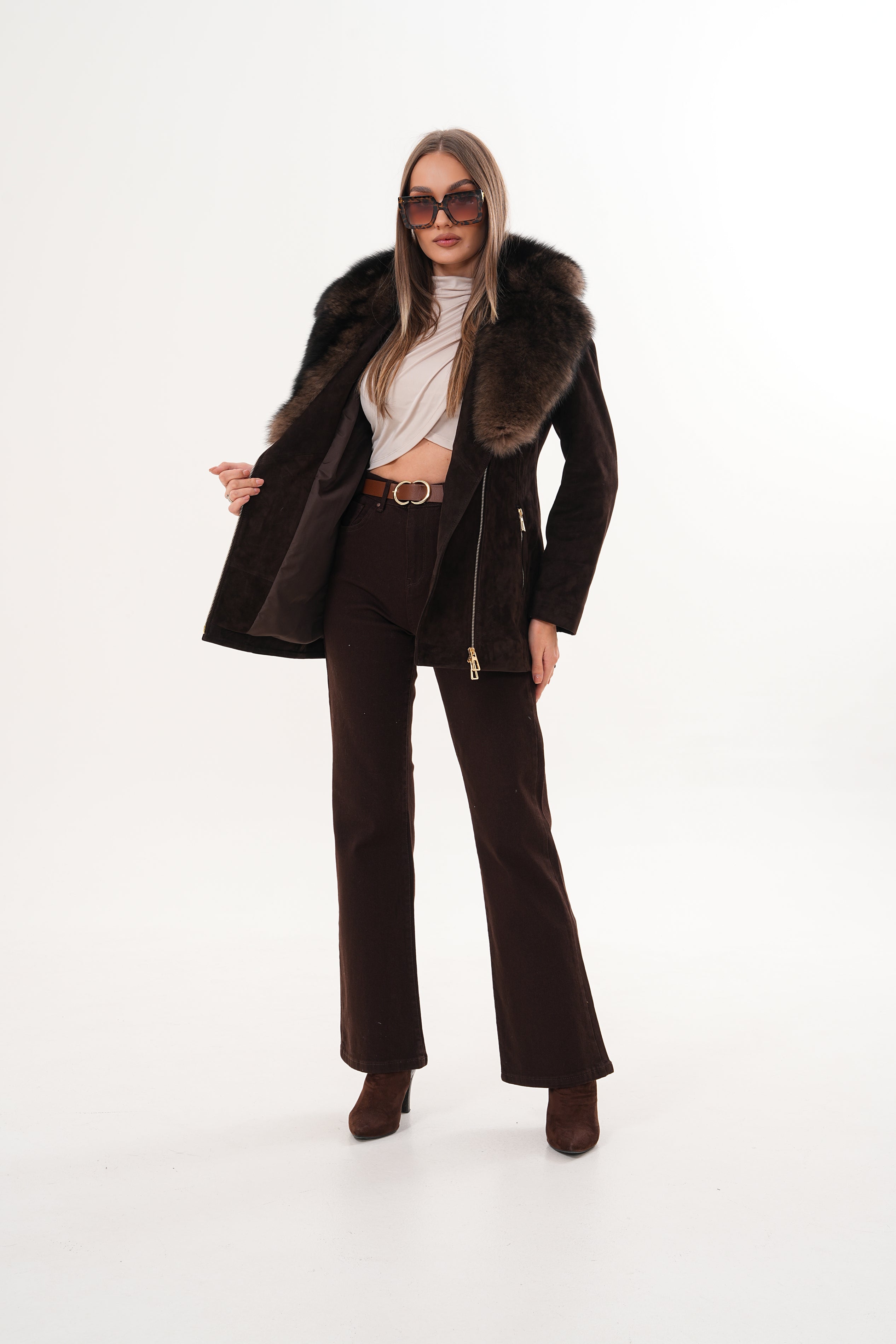 The Alessia Brown Leather Fox Fur Jacket For Sale