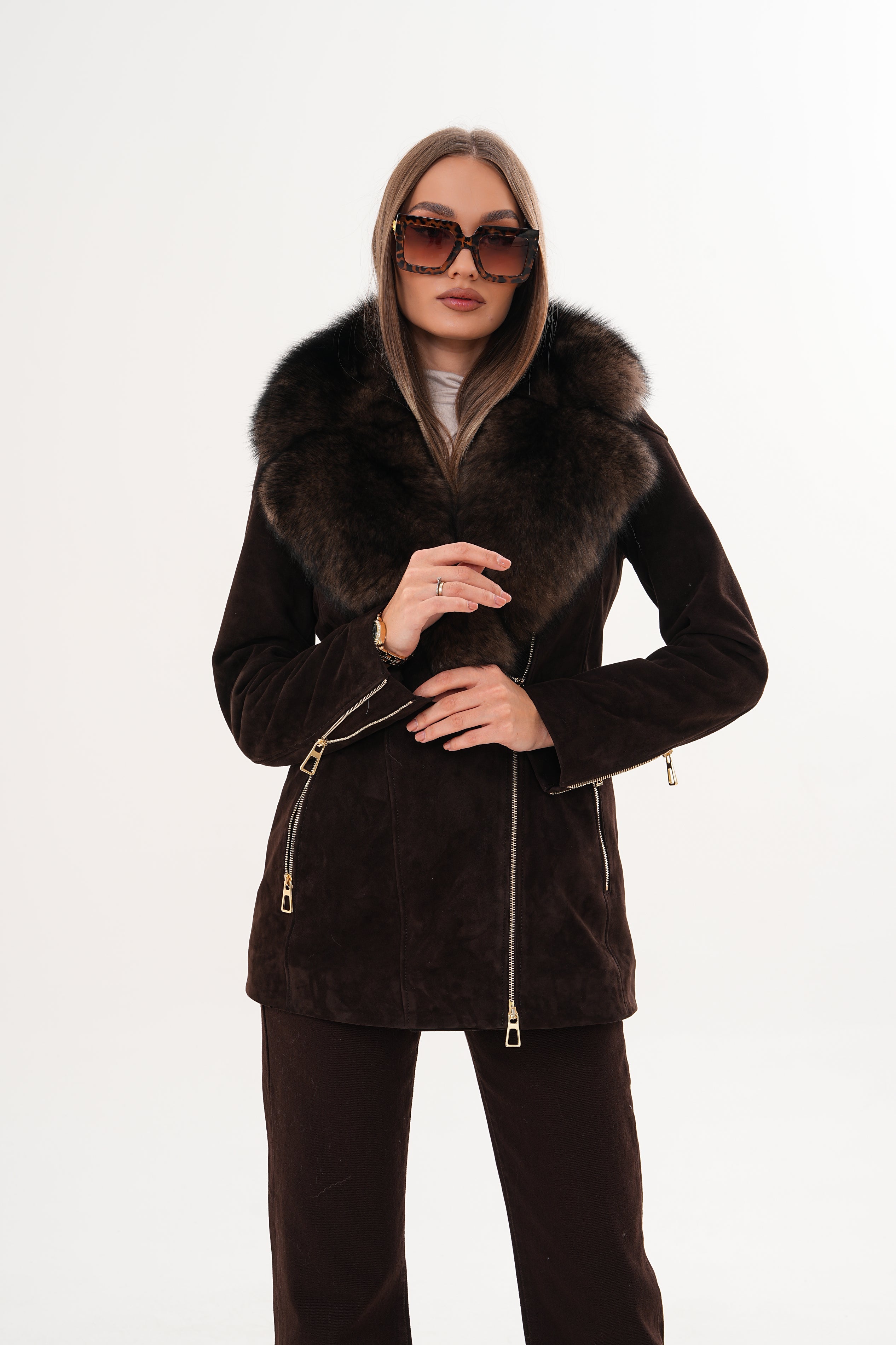The Alessia Brown Leather Fox Fur Jacket For Sale