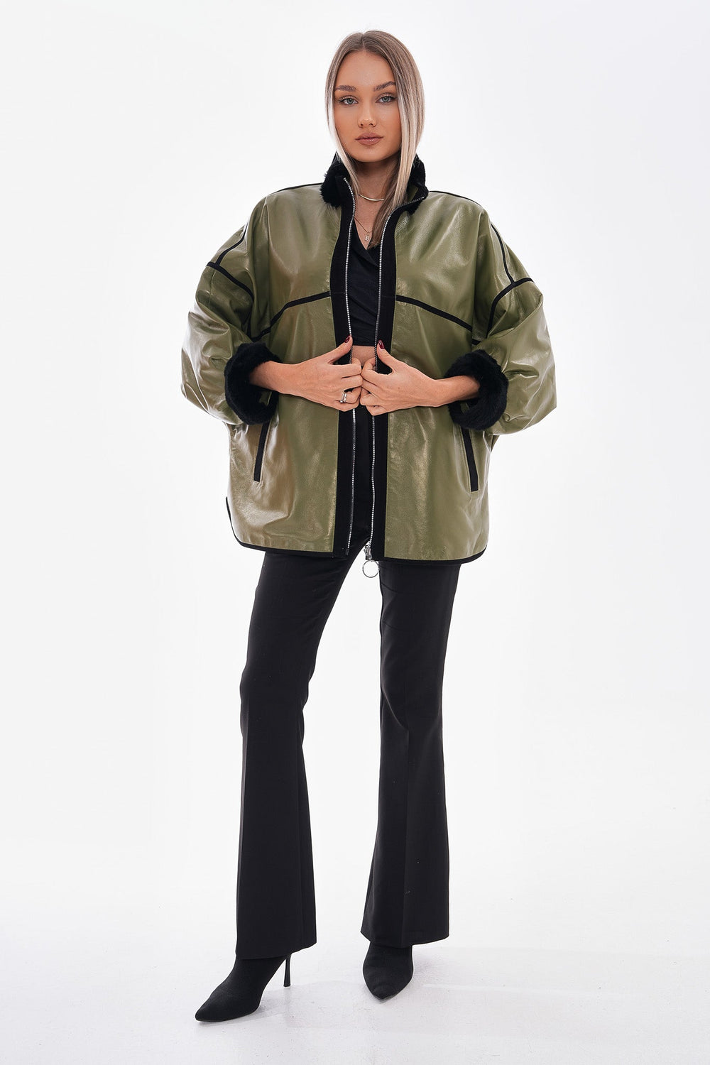 The Rebel Reversible Shearling Olive Green Leather Jacket On Sale