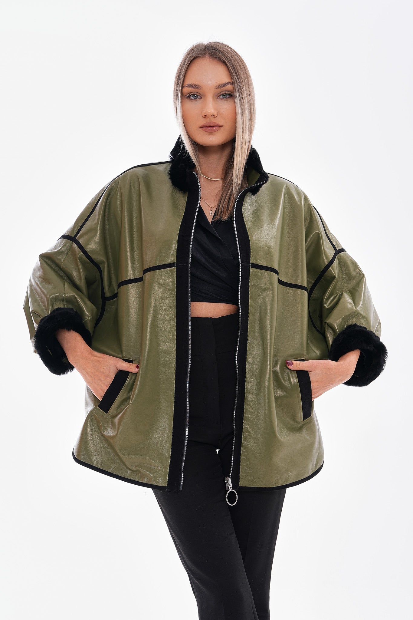 The Rebel Reversible Shearling Olive Green Leather Jacket On Sale
