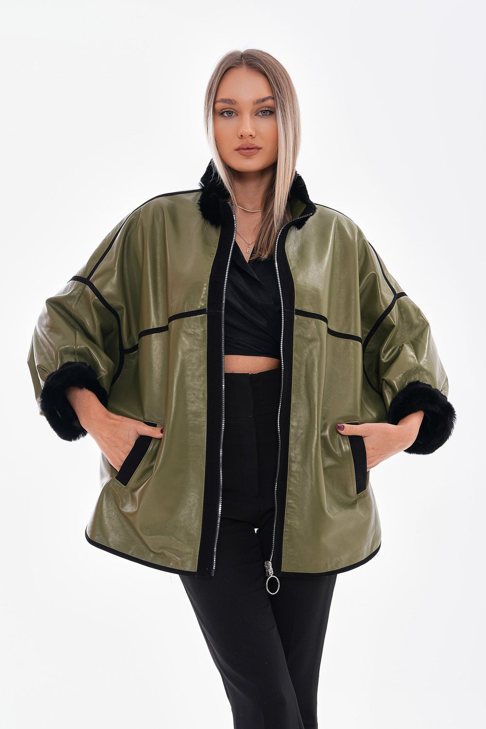 The Rebel Reversible Shearling Olive Green Leather Jacket On Sale