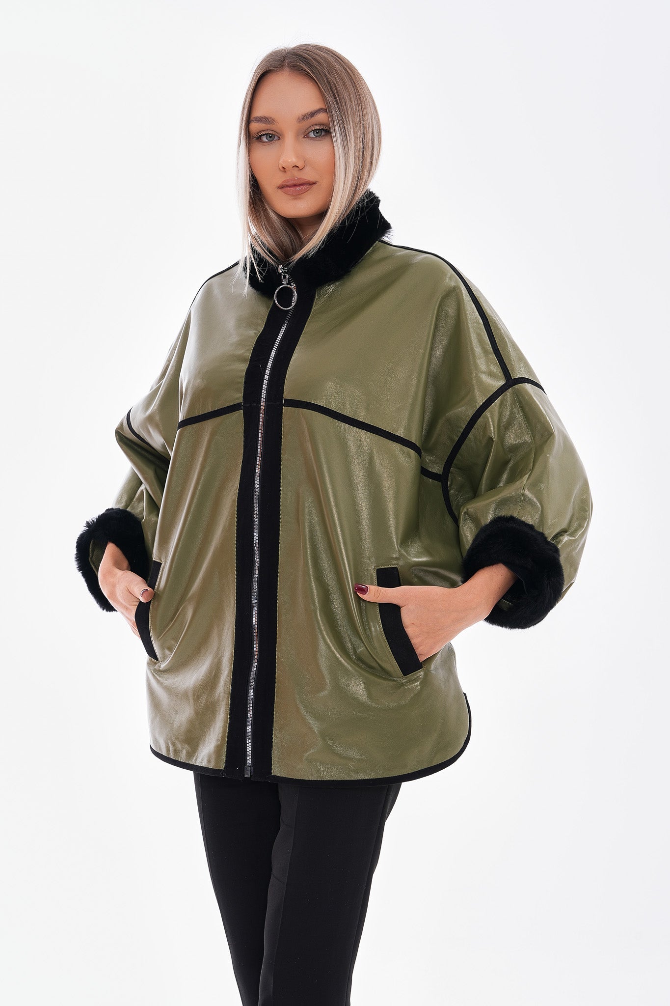 The Rebel Reversible Shearling Olive Green Leather Jacket On Sale