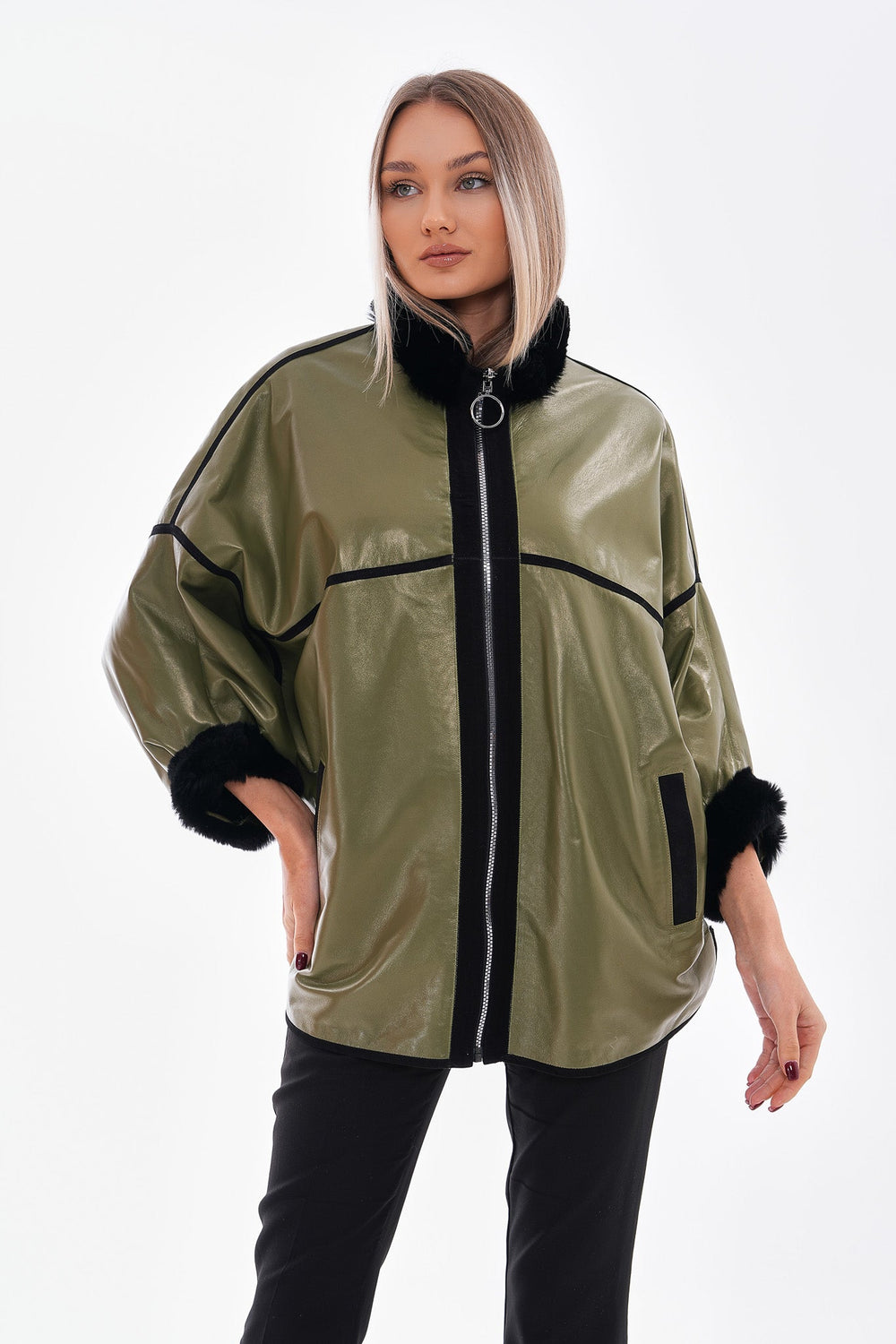 The Rebel Reversible Shearling Olive Green Leather Jacket On Sale