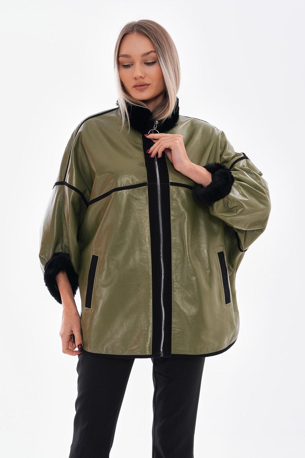 The Rebel Reversible Shearling Olive Green Leather Jacket On Sale