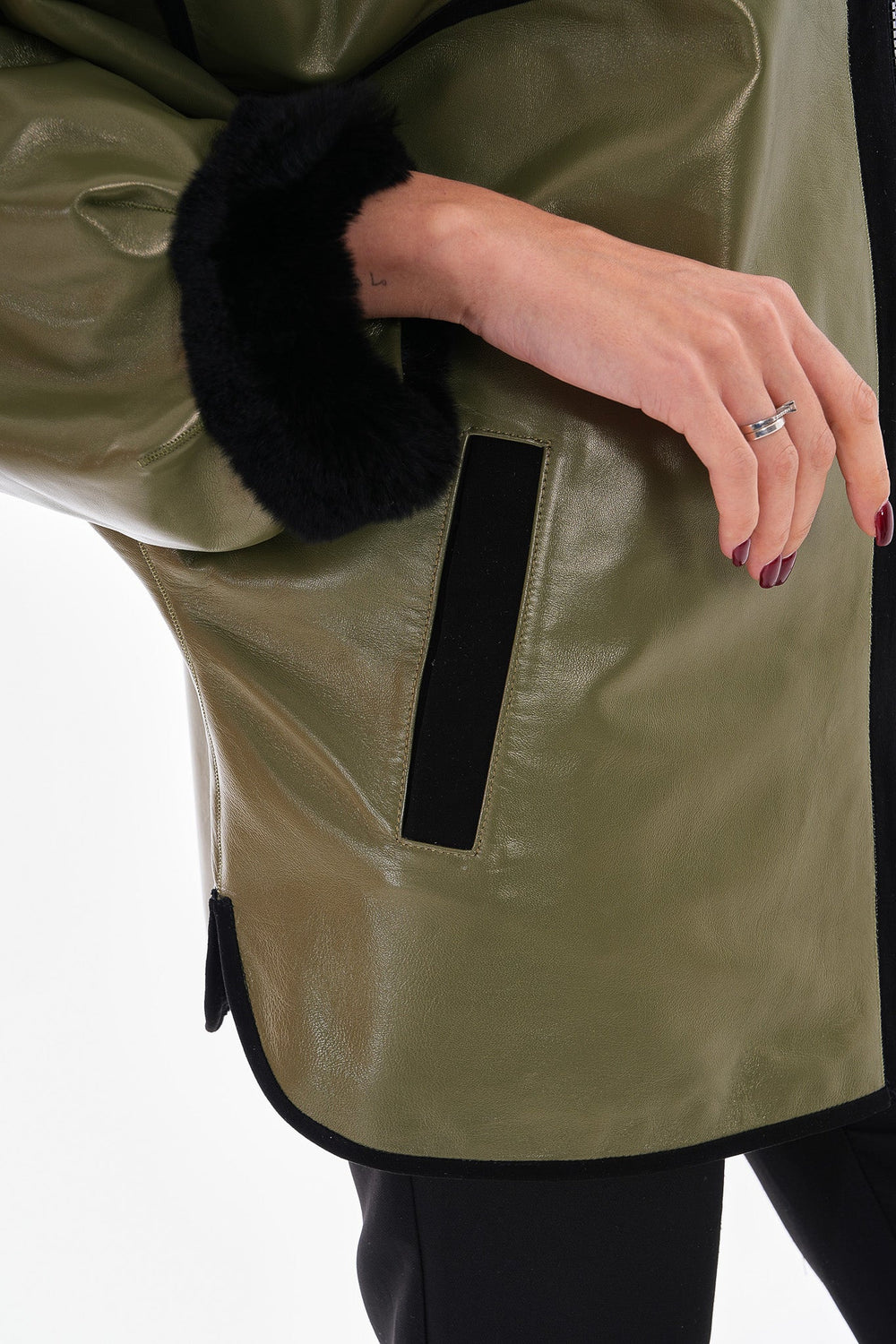 The Rebel Reversible Shearling Olive Green Leather Jacket On Sale
