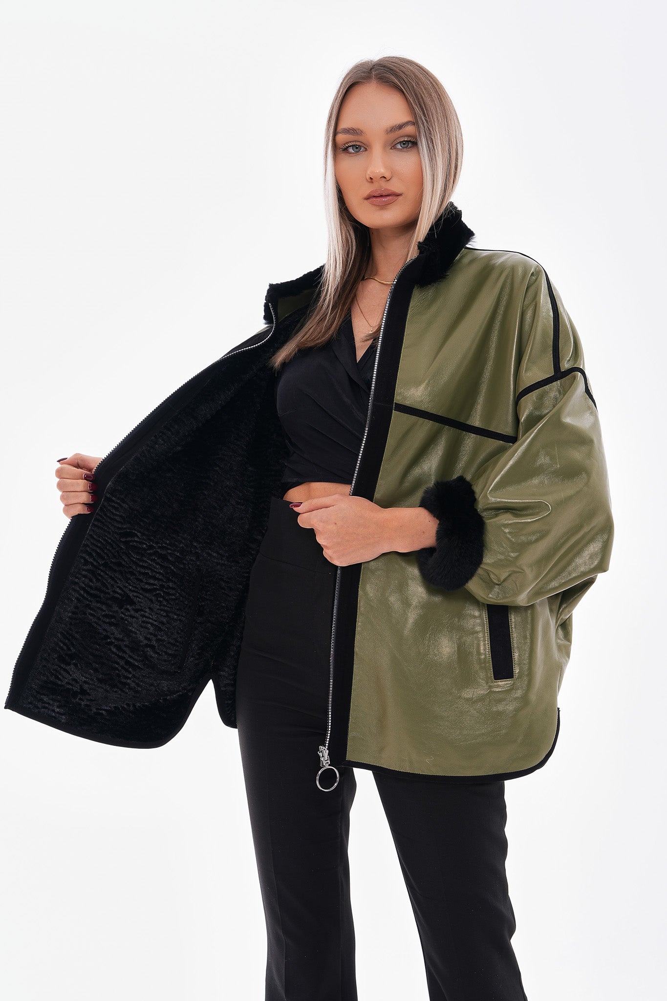The Rebel Reversible Shearling Olive Green Leather Jacket On Sale
