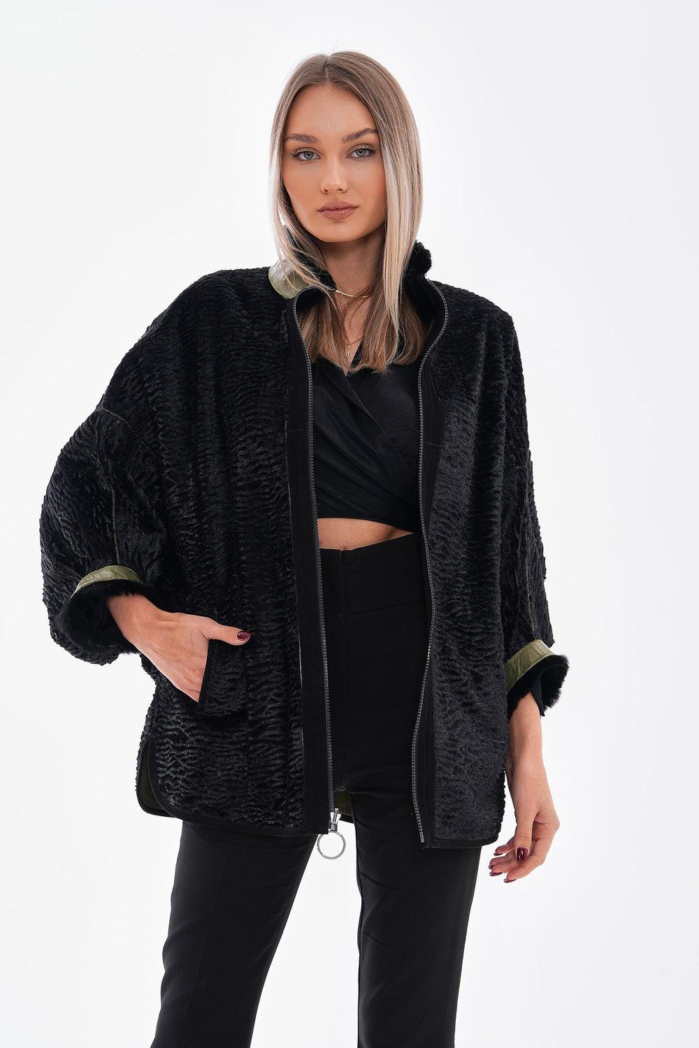 The Rebel Reversible Shearling Olive Green Leather Jacket On Sale