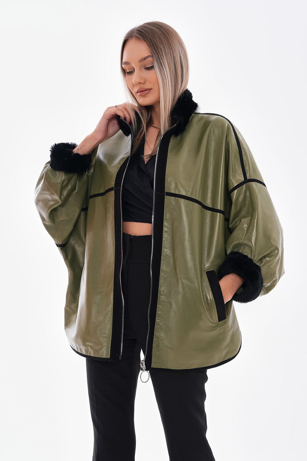 The Rebel Reversible Shearling Olive Green Leather Jacket On Sale