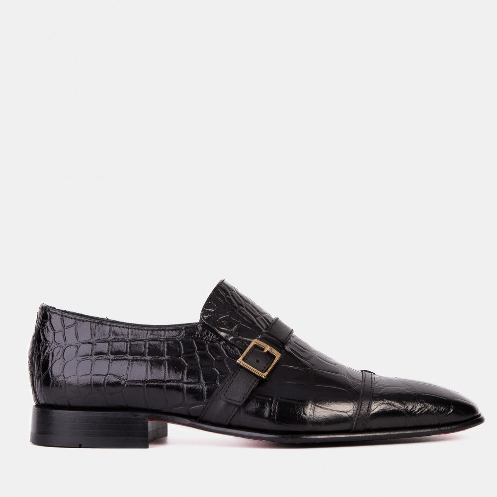 The Strat Single Monk Strap Cap Toe Black Leather Handmade Shoe All New