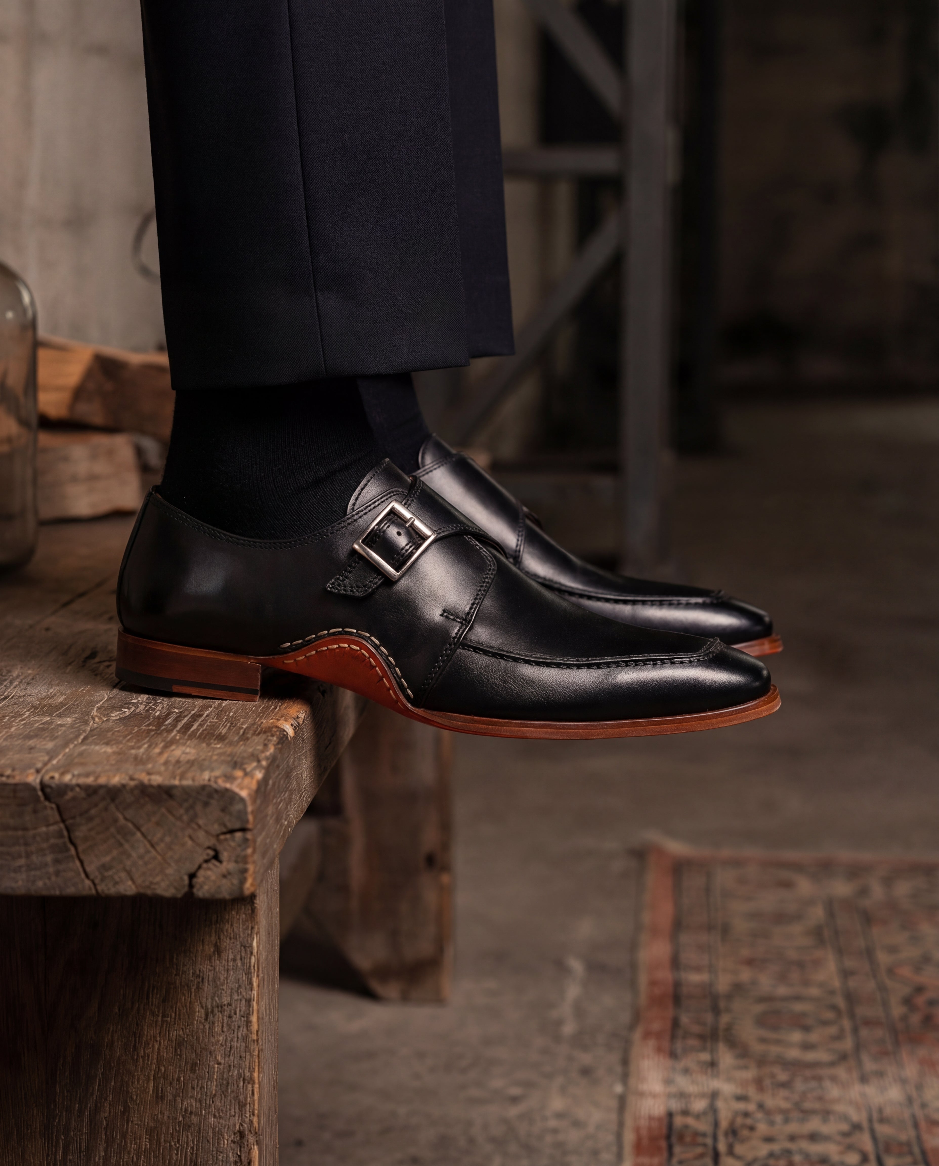 The Hagrid Black Single Monk Strap Handmade Shoe For Sale