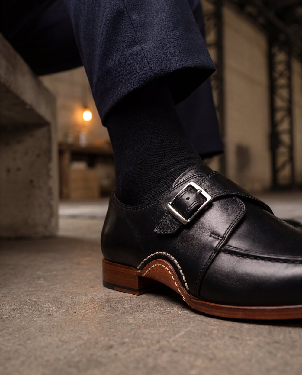 The Hagrid Black Single Monk Strap Handmade Shoe For Sale