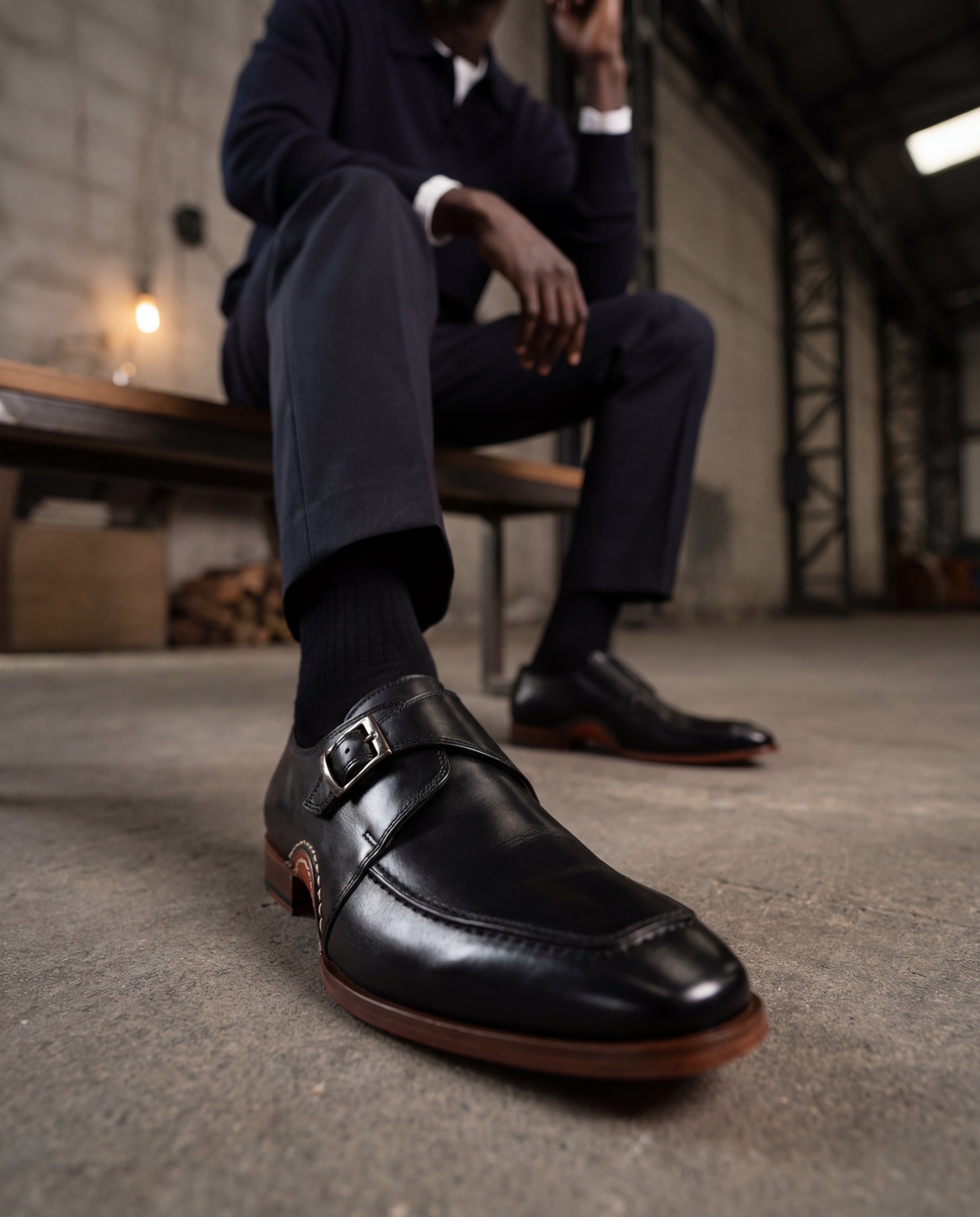 The Hagrid Black Single Monk Strap Handmade Shoe For Sale