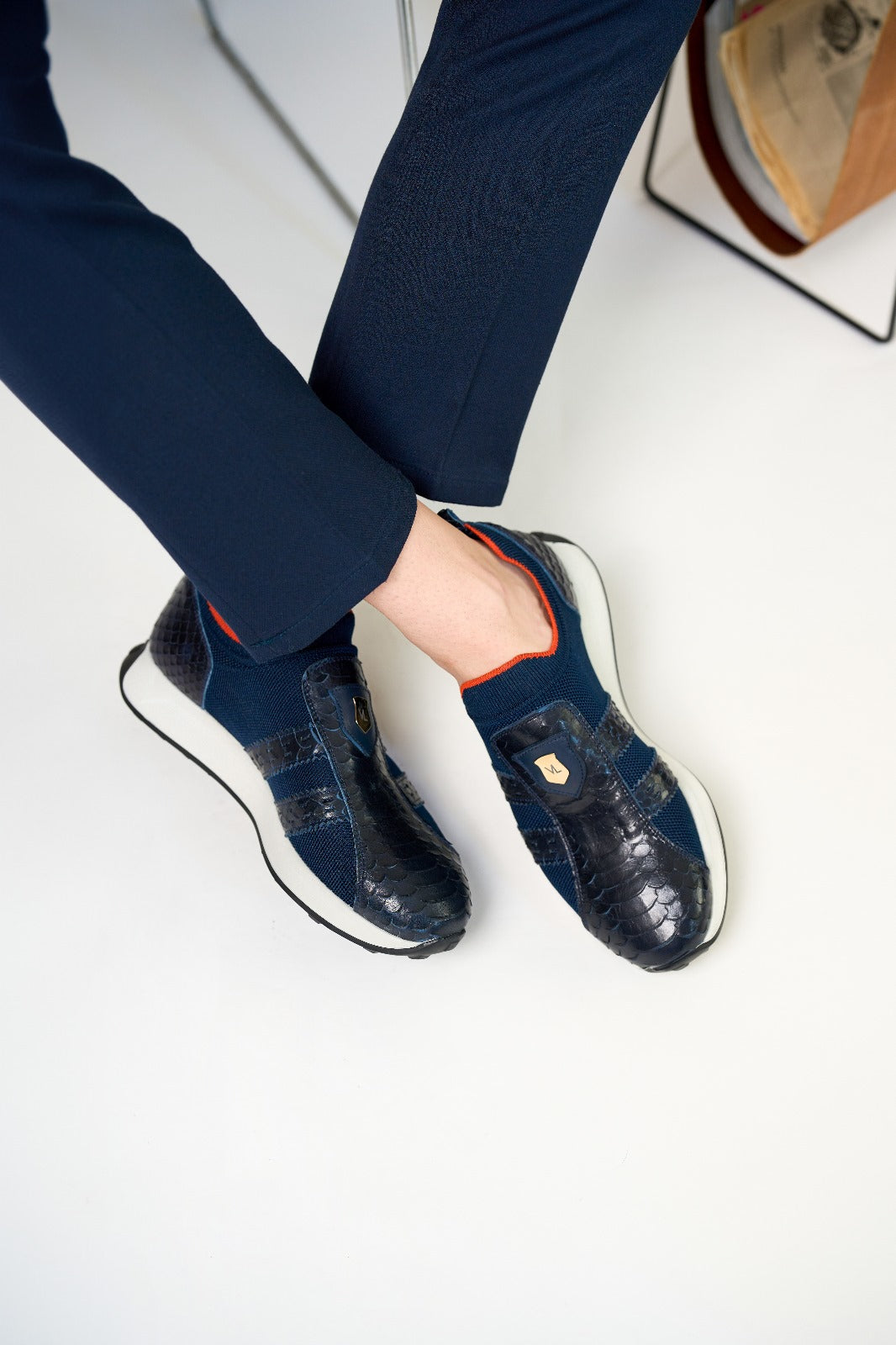 The Aslan Navy Knitted Leather Sneaker On Sale