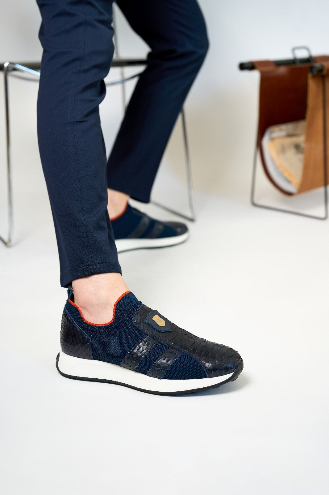 The Aslan Navy Knitted Leather Sneaker On Sale