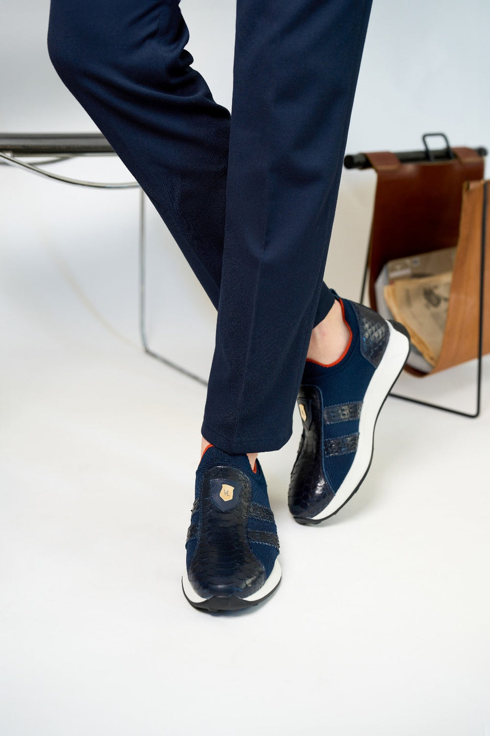 The Aslan Navy Knitted Leather Sneaker On Sale