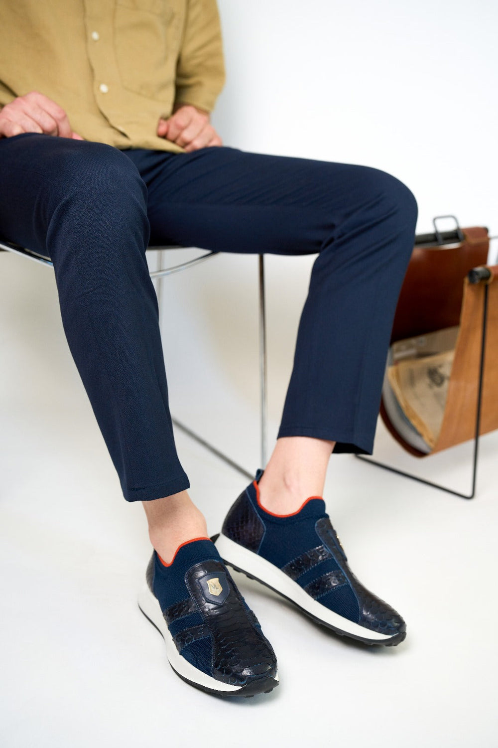 The Aslan Navy Knitted Leather Sneaker On Sale