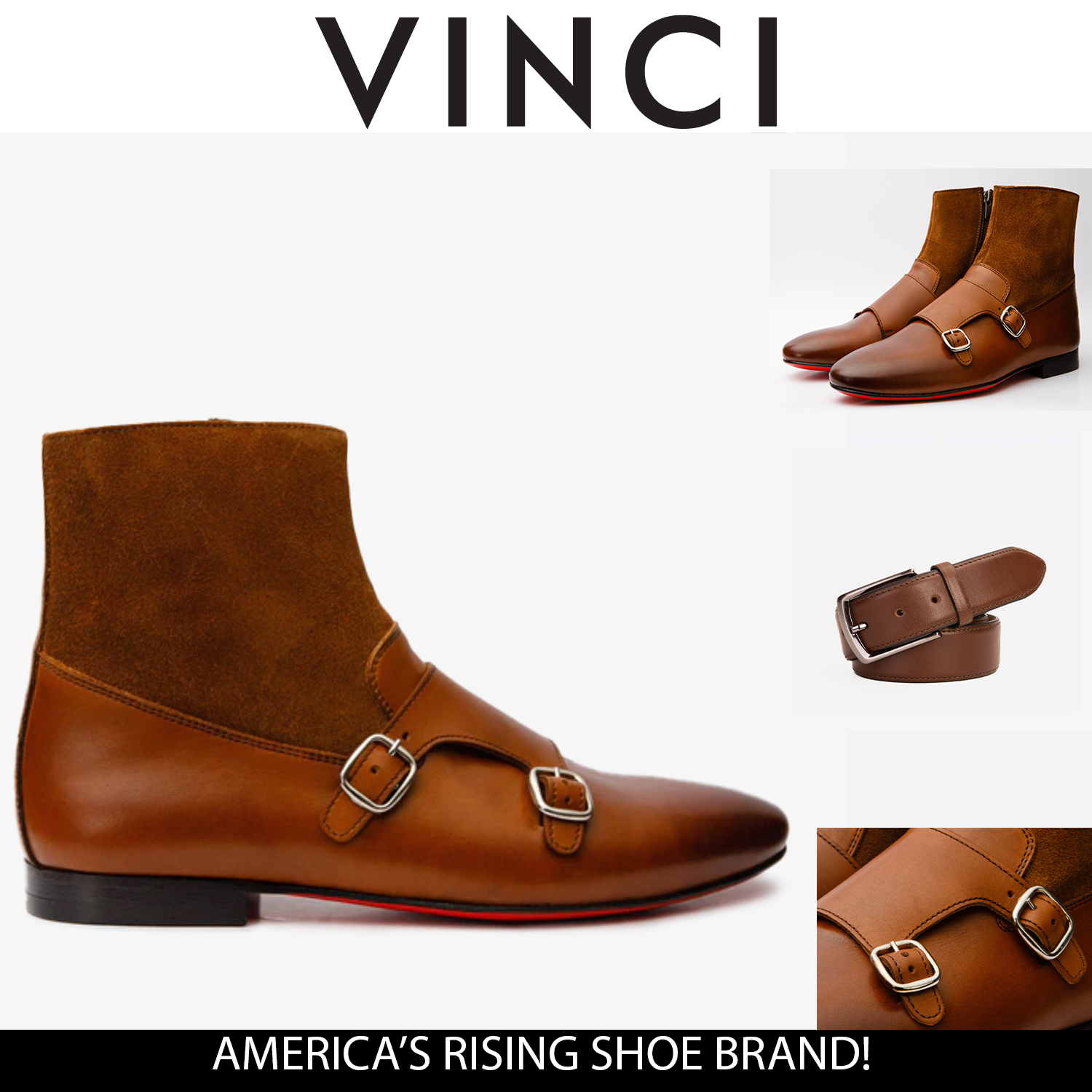 Preston Tan Leather Suede Double Monk Strap Ankle Boot Exclusive Style