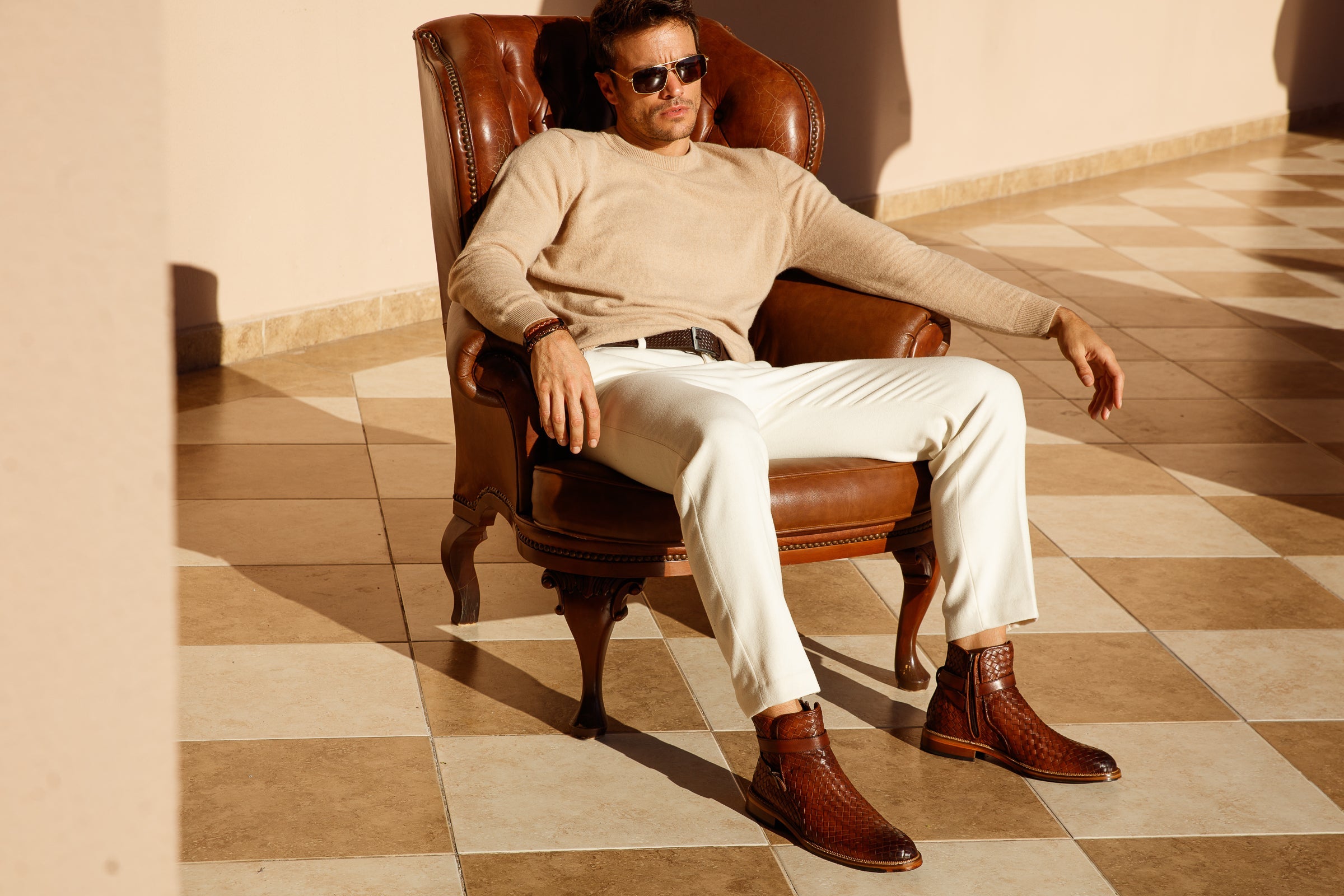 The Morral Tan Handwoven Leather Cross Strap Buckle Zip-Up Boot On Sale