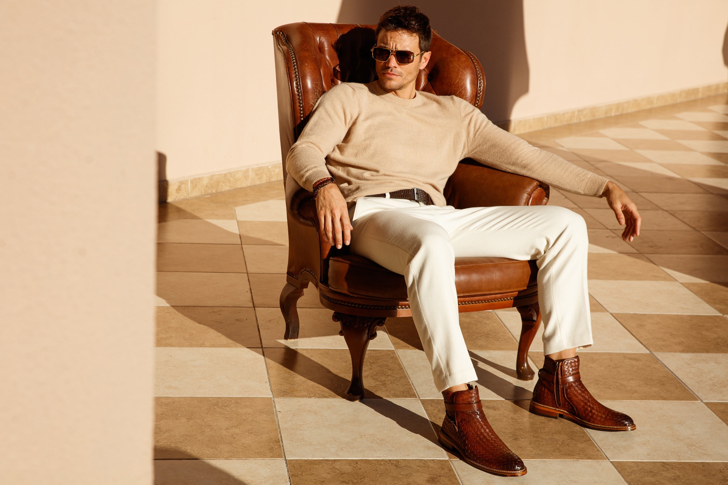 The Morral Tan Handwoven Leather Cross Strap Buckle Zip-Up Boot On Sale