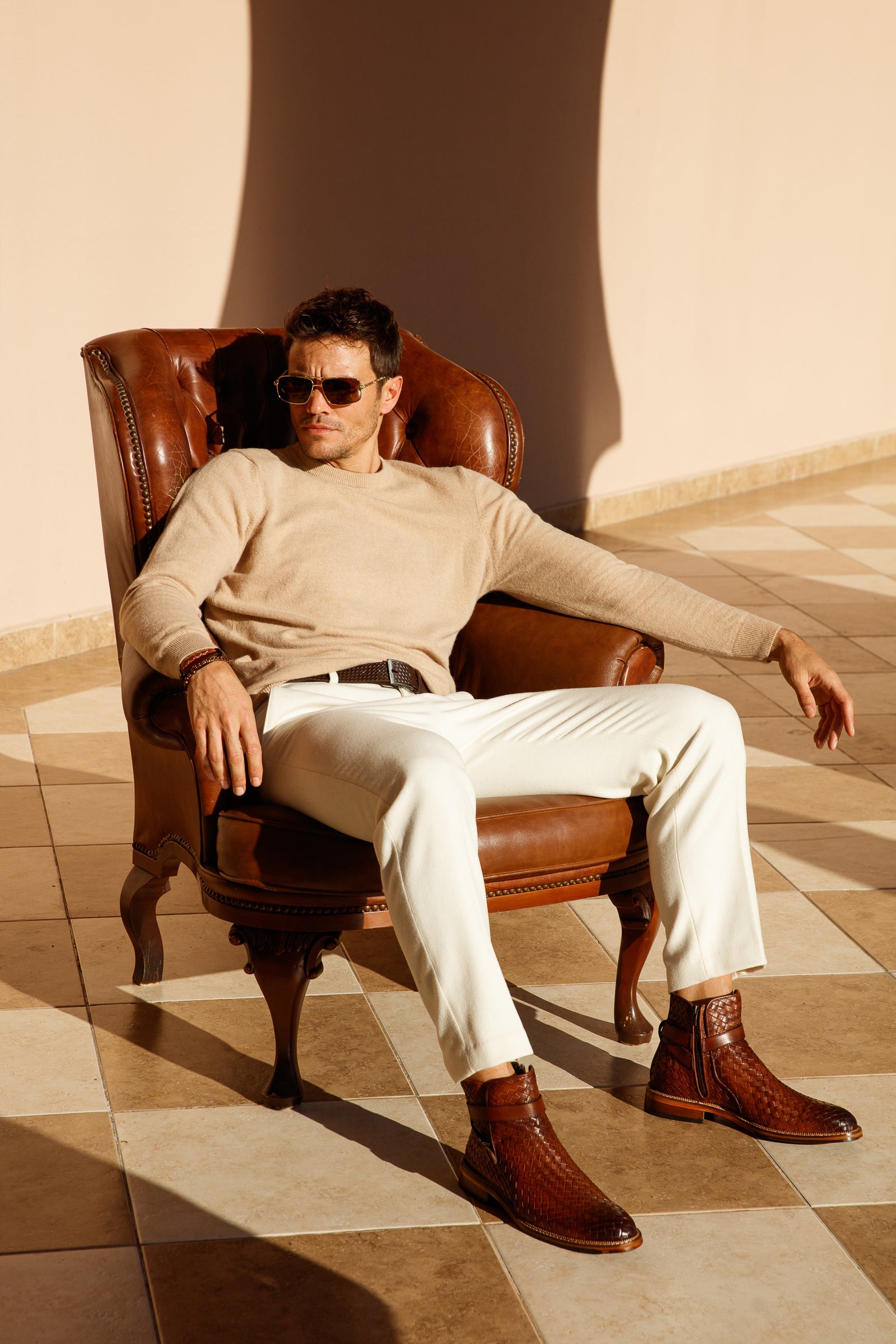 The Morral Tan Handwoven Leather Cross Strap Buckle Zip-Up Boot On Sale