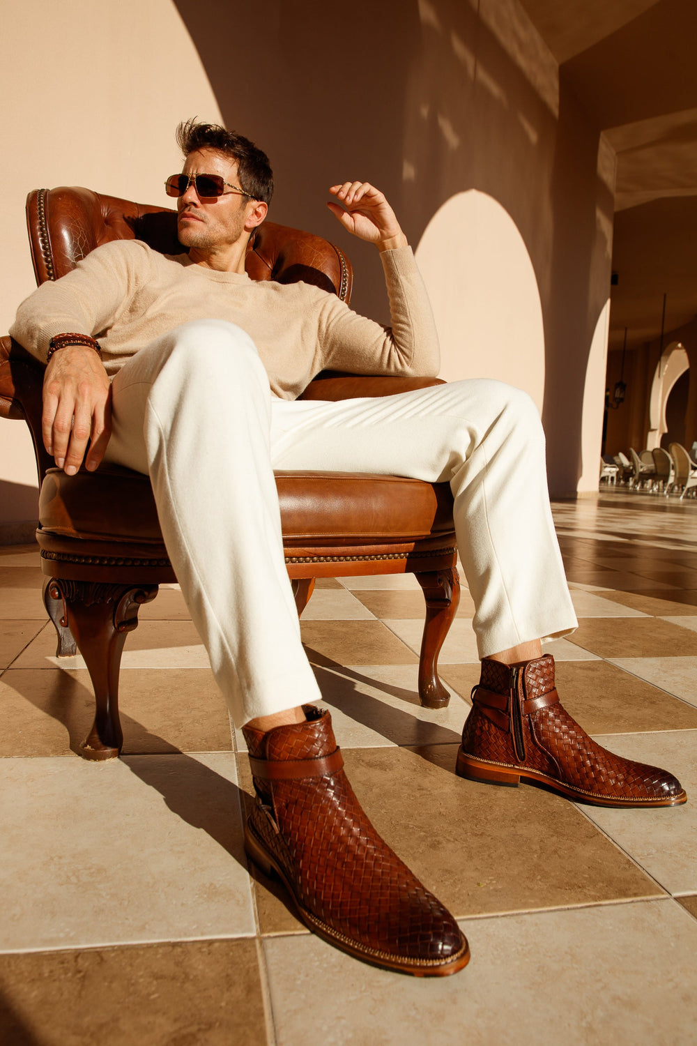 The Morral Tan Handwoven Leather Cross Strap Buckle Zip-Up Boot On Sale