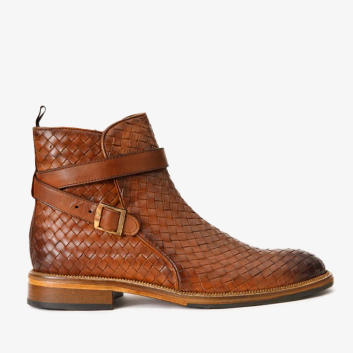 The Morral Tan Handwoven Leather Cross Strap Buckle Zip-Up Boot On Sale