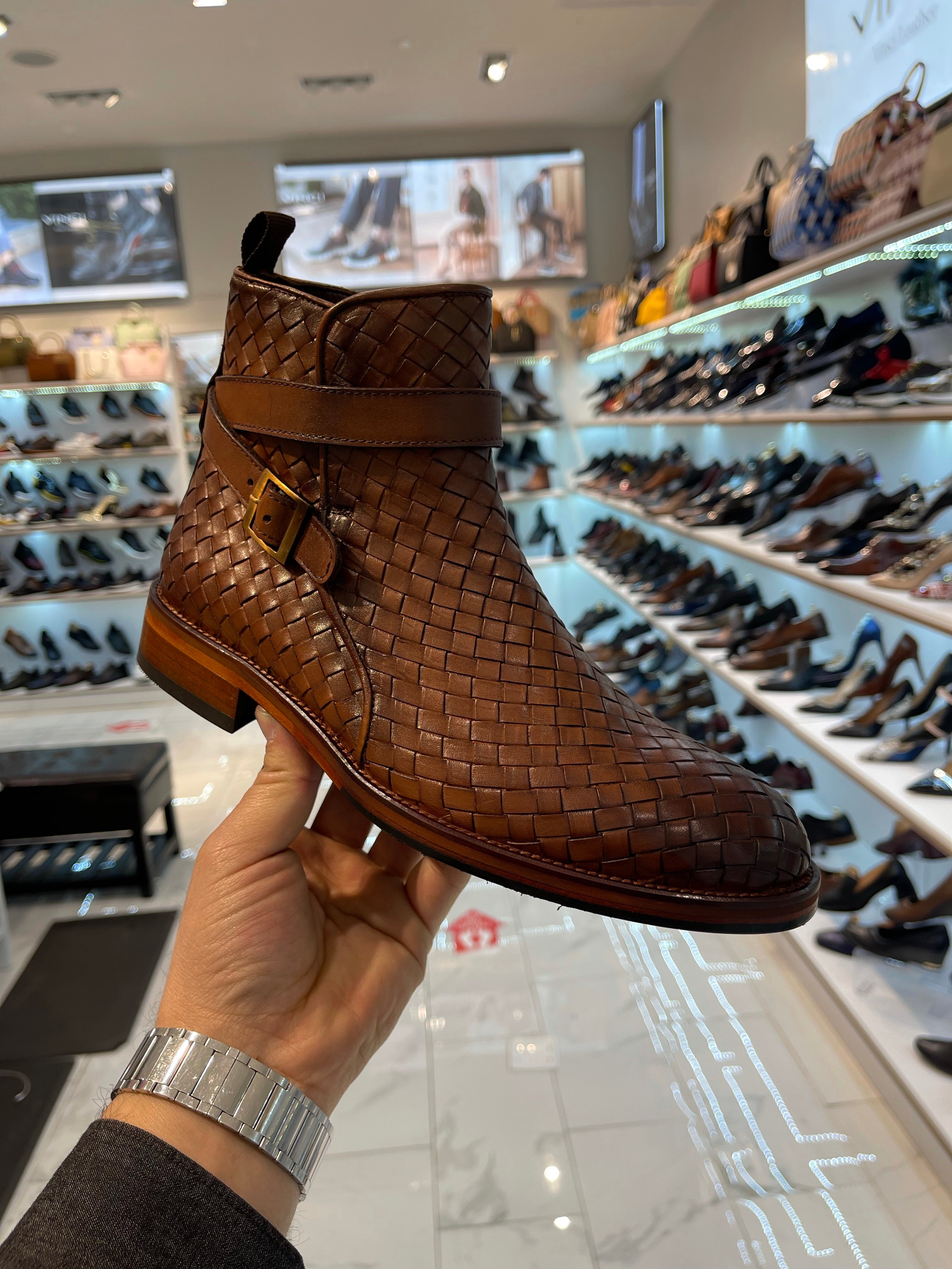 The Morral Tan Handwoven Leather Cross Strap Buckle Zip-Up Boot On Sale
