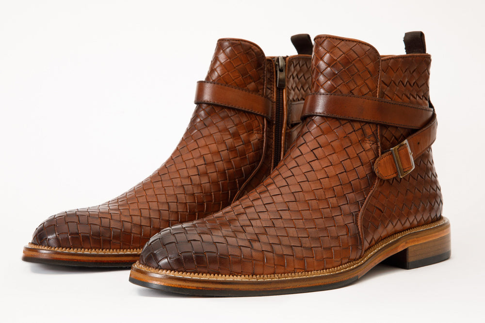 The Morral Tan Handwoven Leather Cross Strap Buckle Zip-Up Boot On Sale