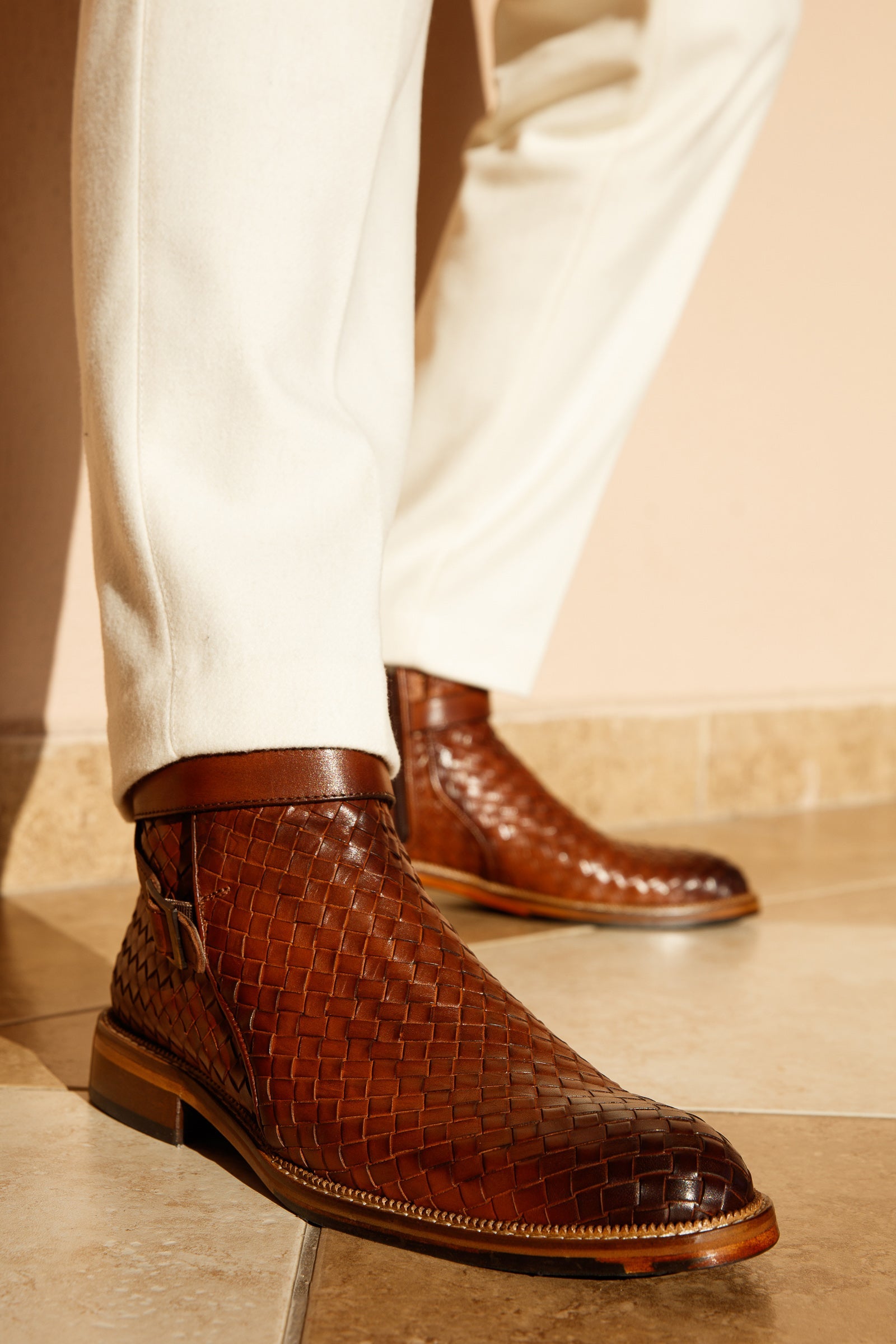 The Morral Tan Handwoven Leather Cross Strap Buckle Zip-Up Boot On Sale
