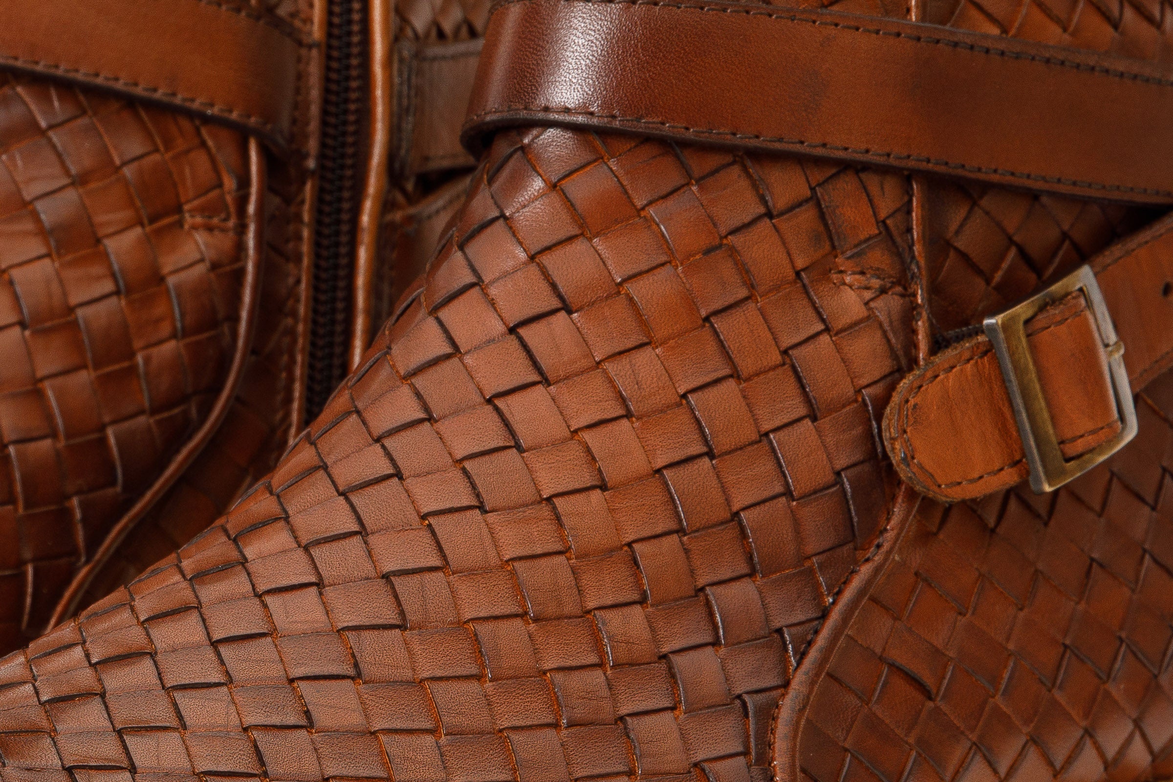 The Morral Tan Handwoven Leather Cross Strap Buckle Zip-Up Boot On Sale