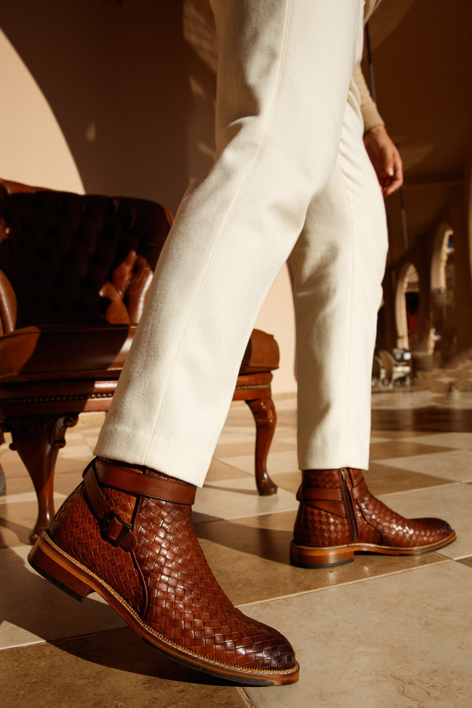 The Morral Tan Handwoven Leather Cross Strap Buckle Zip-Up Boot On Sale