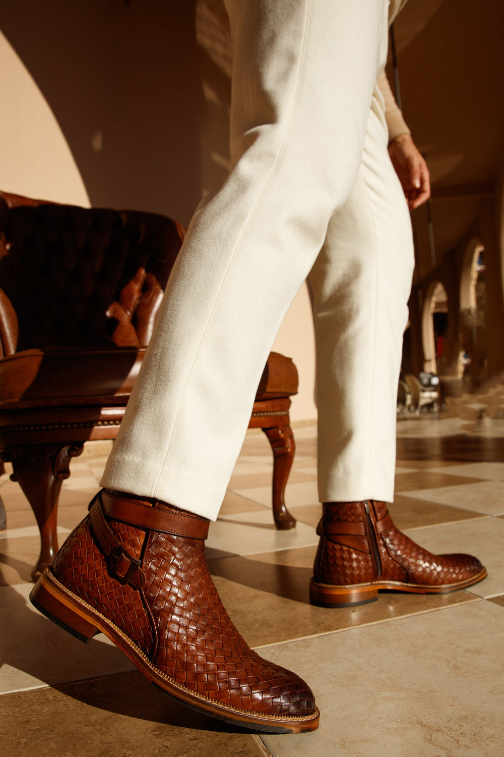 The Morral Tan Handwoven Leather Cross Strap Buckle Zip-Up Boot On Sale