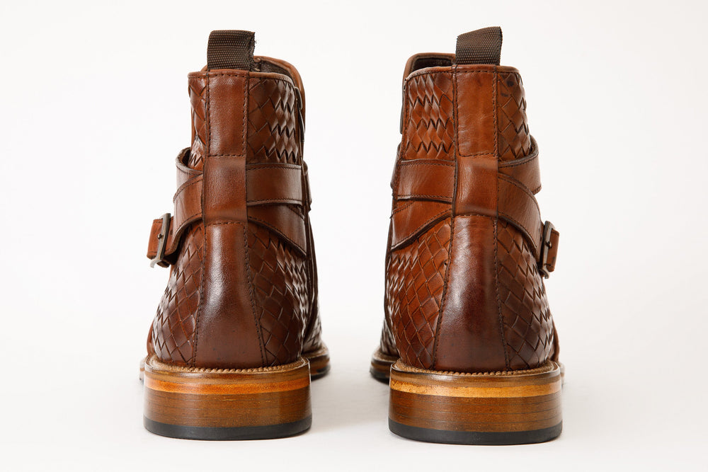The Morral Tan Handwoven Leather Cross Strap Buckle Zip-Up Boot On Sale