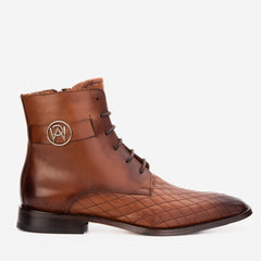 The Zeus Brown Leather Lace-Up Boot with a Zipper For Sale
