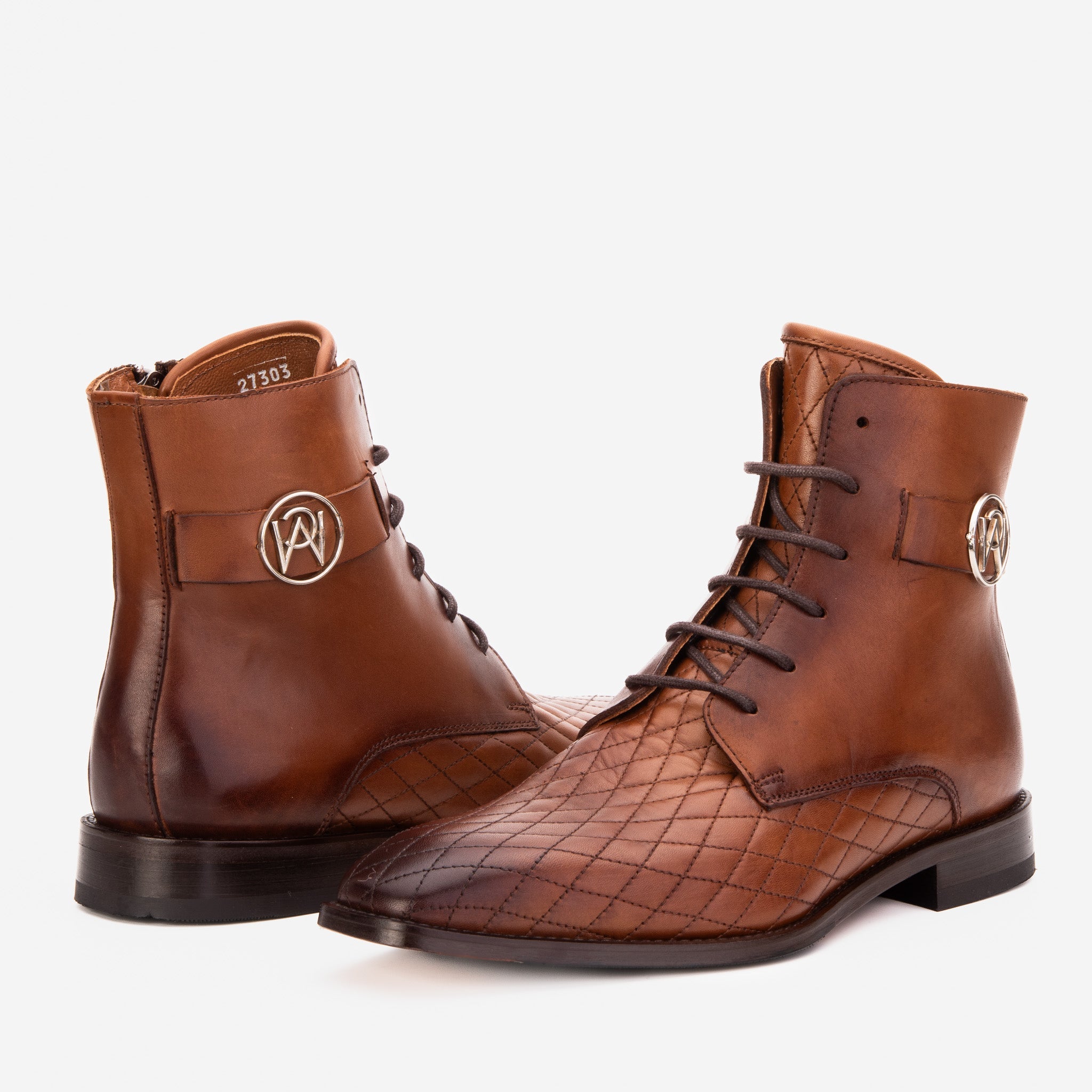 The Zeus Brown Leather Lace-Up Boot with a Zipper For Sale